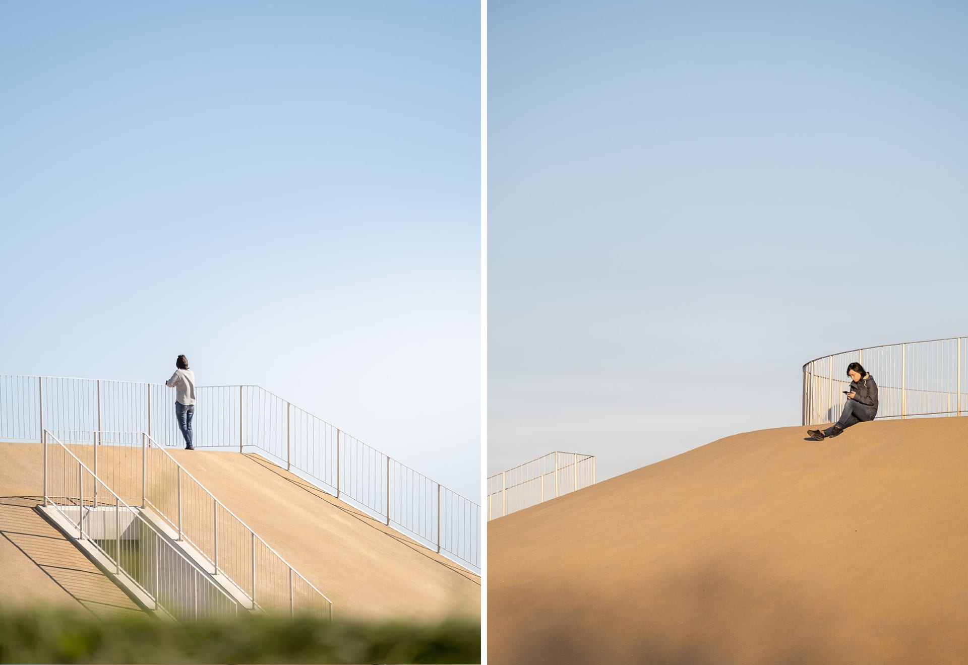 A modern metal staircase with a ramp, set in a calm and peaceful environment with no signs of activity