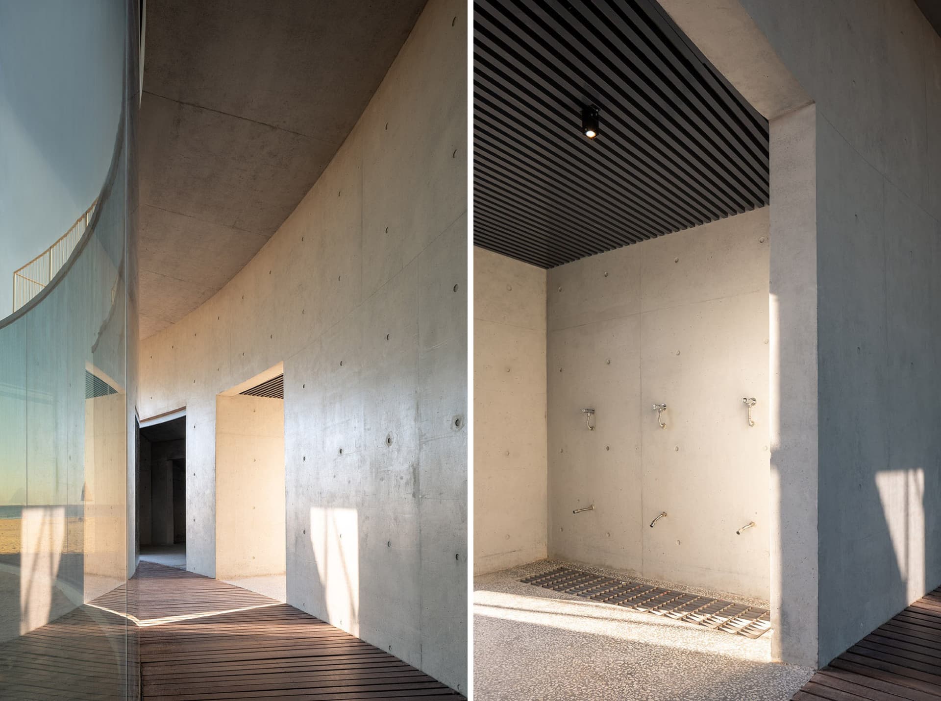 Industrial bathroom with concrete walls, multiple sinks, and artificial lighting
