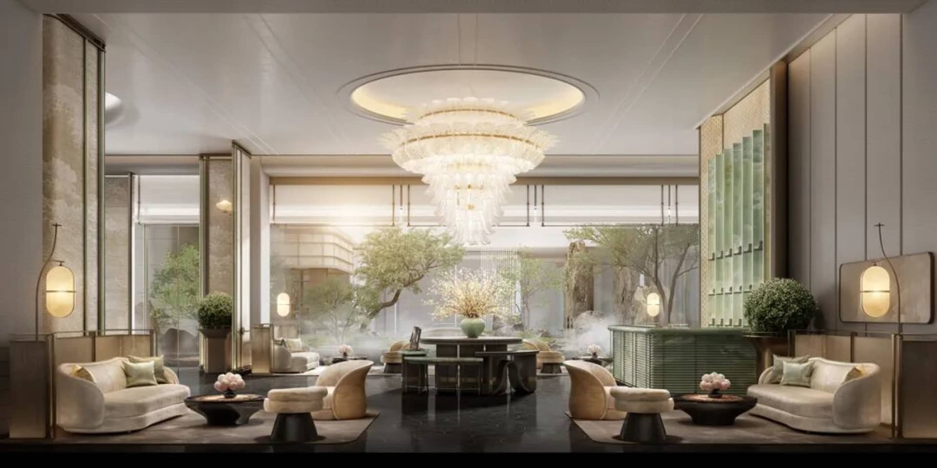 Sophisticated dining space with a large chandelier, multiple chairs, and decorative vases