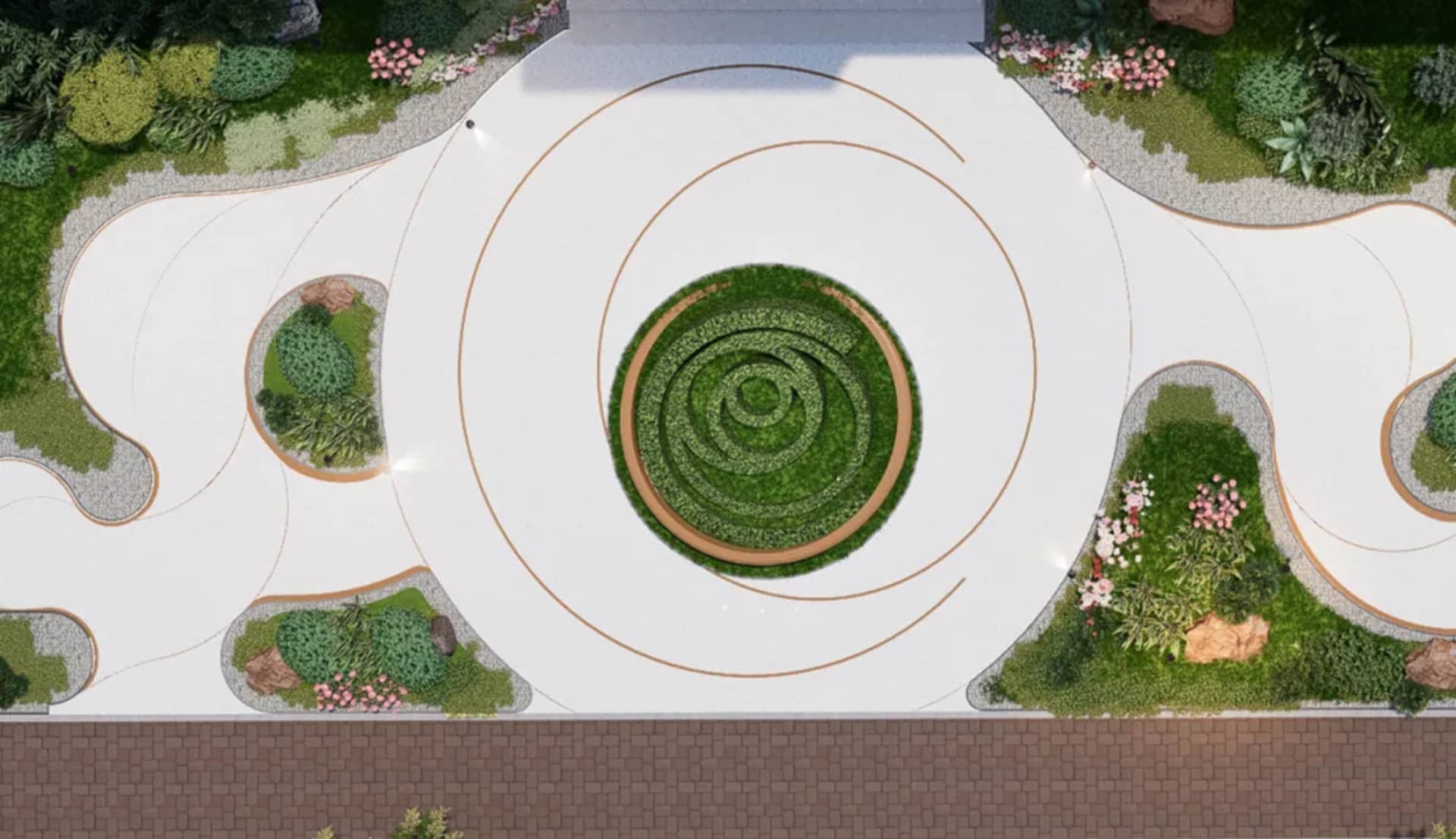 A serene garden with a circular path surrounded by various plants and flowers, potted plants, and natural greenery