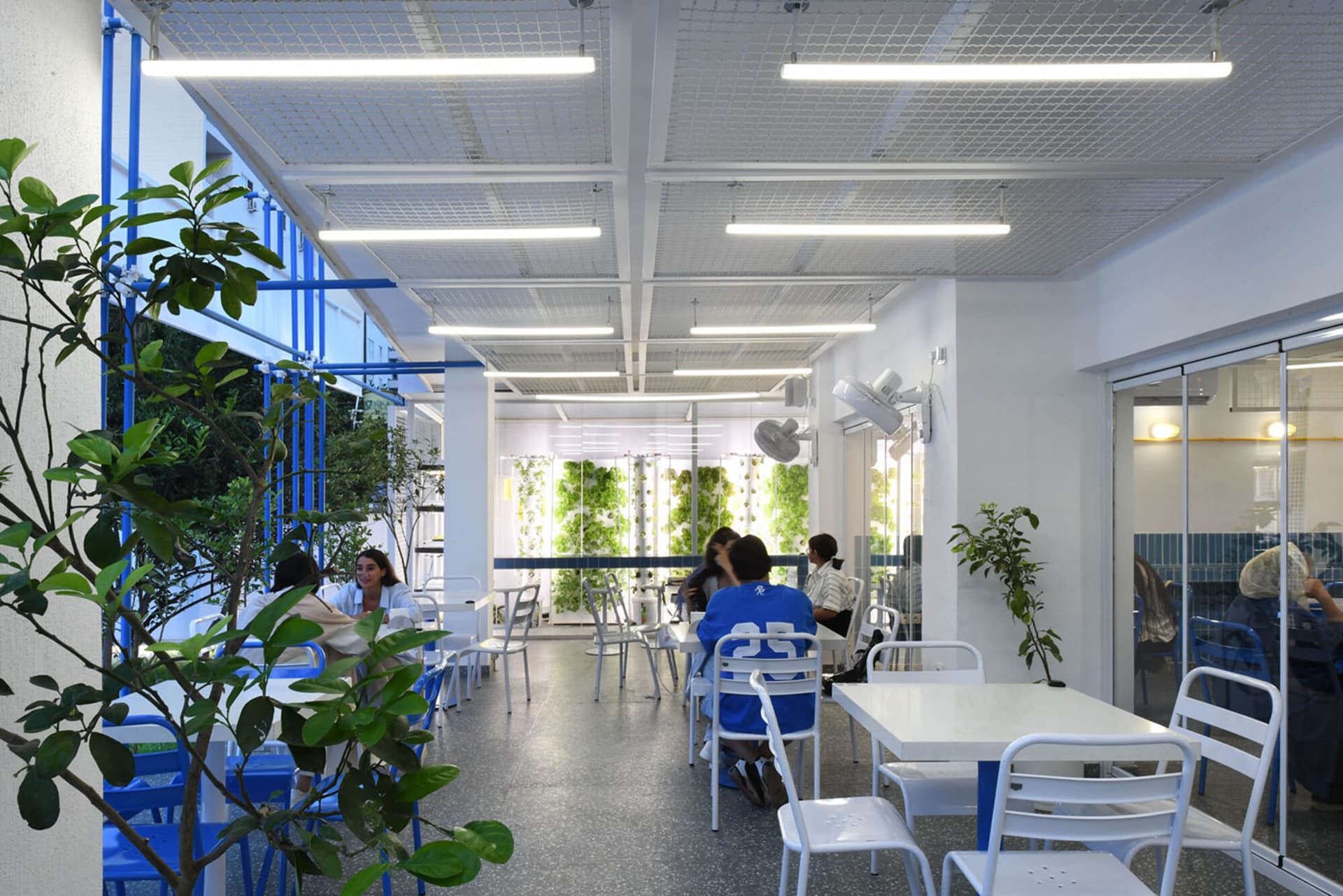 casual dining space with wooden tables and chairs, people sitting and standing around, well-lit