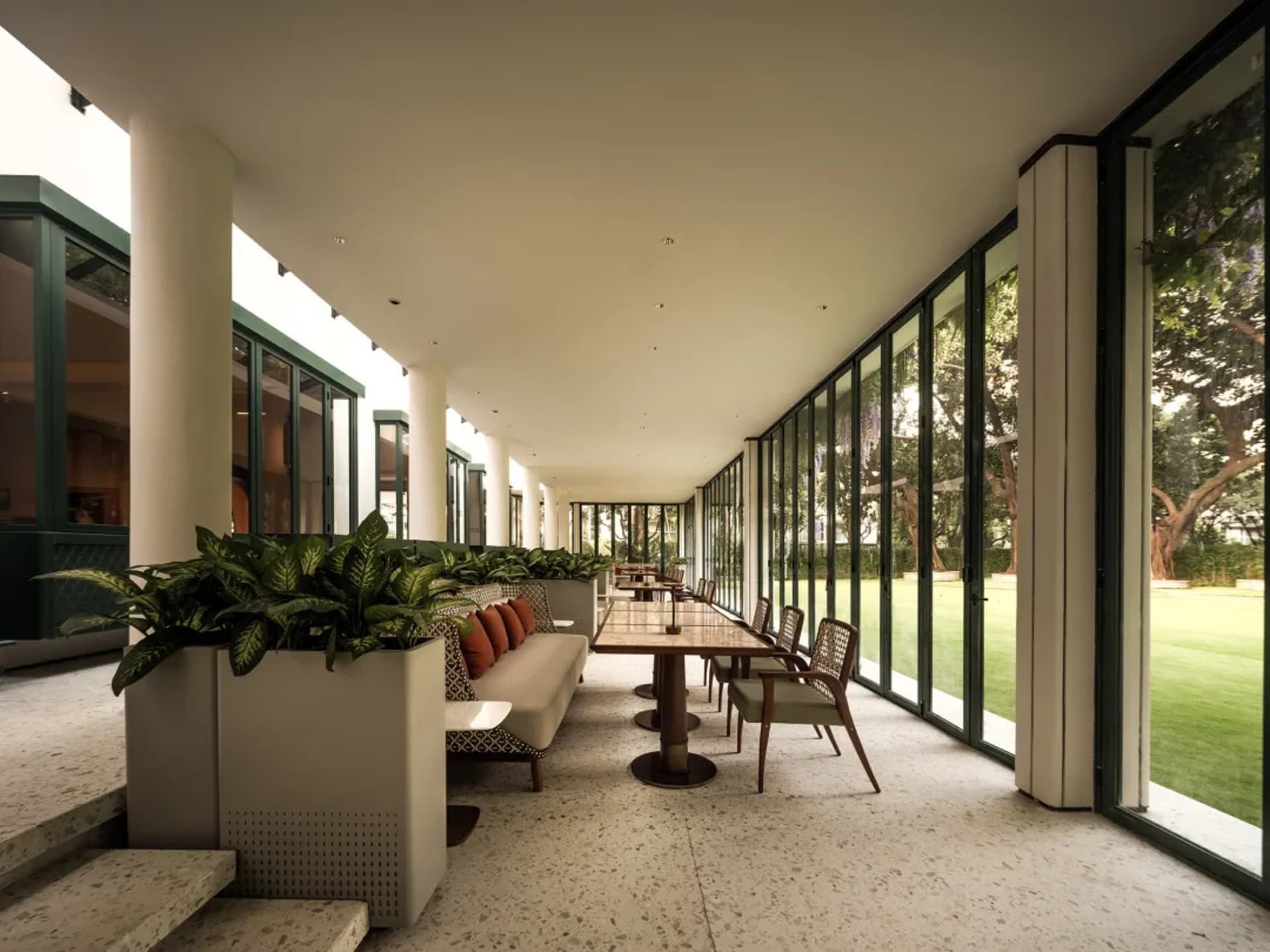 A dining area with a large table surrounded by chairs and potted plants, set in a comfortable and inviting space