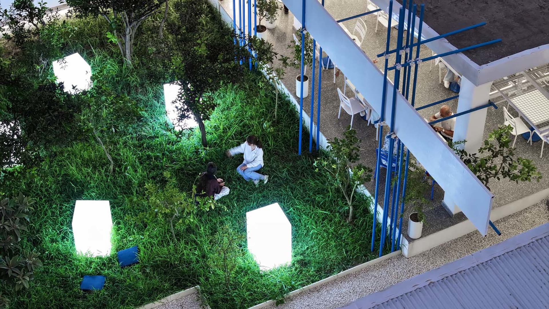 寧靜的室內花園，擁有草地、樹木與植物，兩人坐在草地上，周圍環繞著茂密綠意與人工燈光