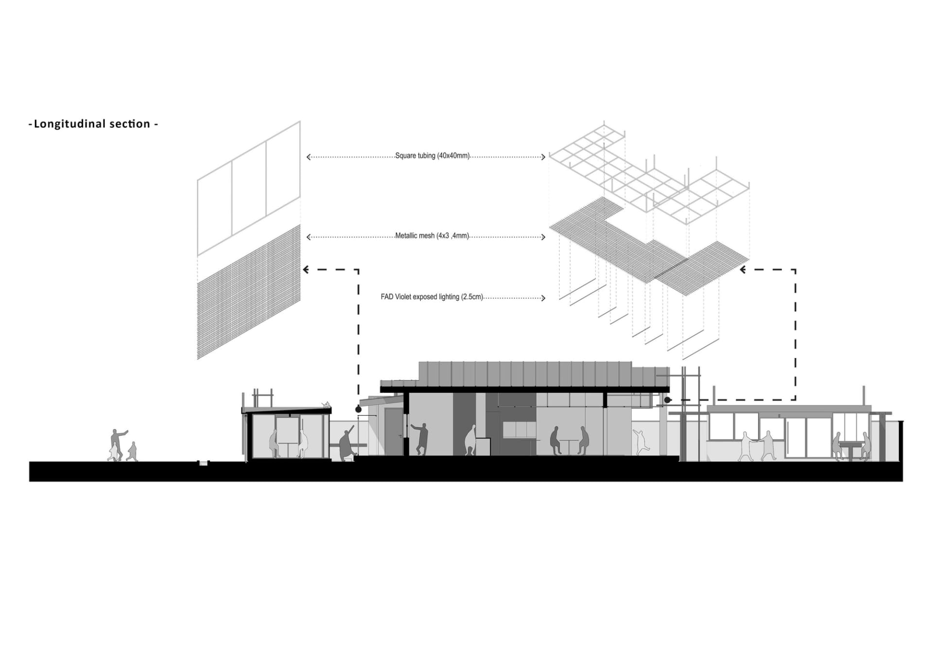 現代建築的 2D 平面圖，包含餐廳與客廳區域，標註尺寸與線條細節