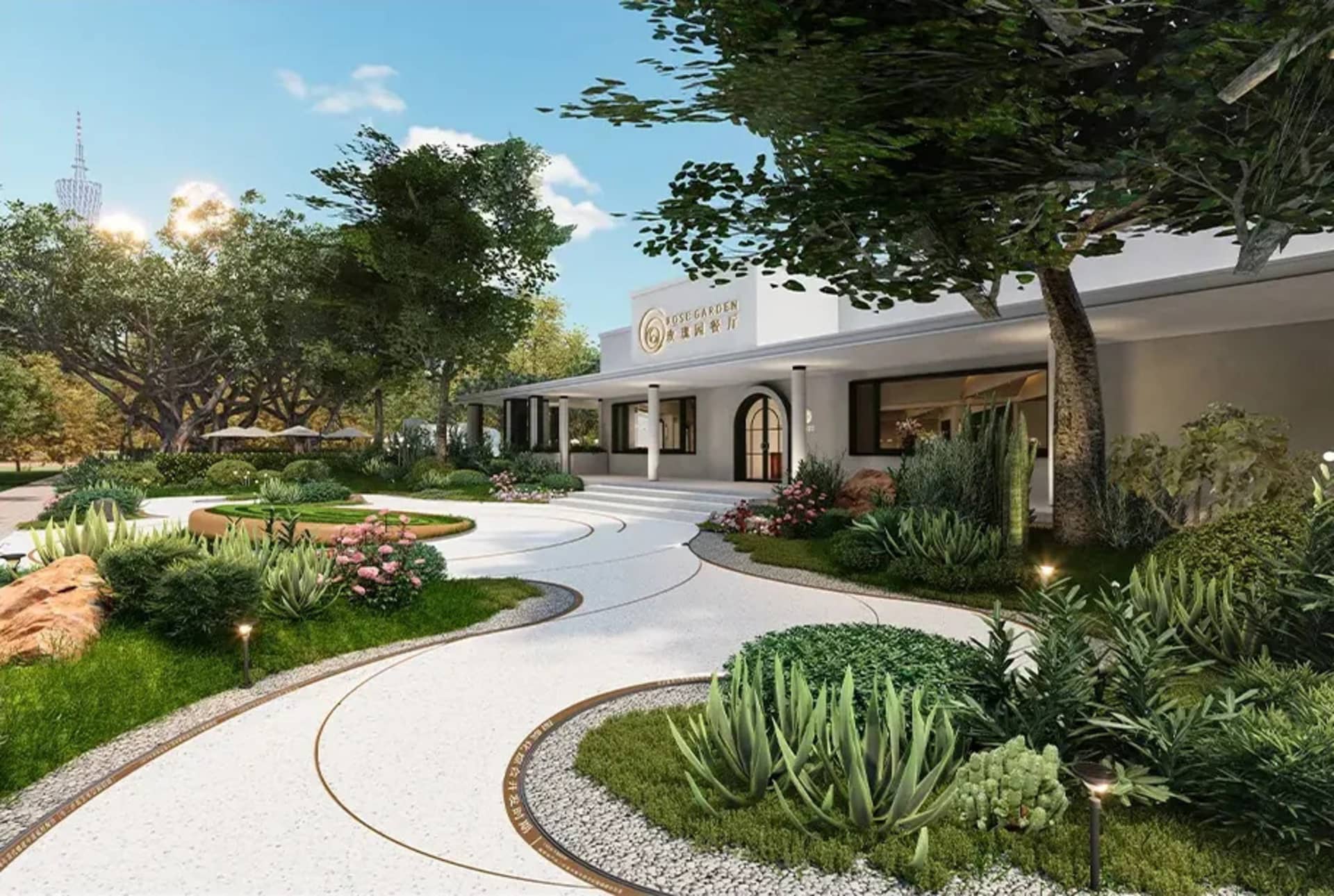 Architectural rendering of a modern-traditional building with a white facade, potted plants, and umbrellas