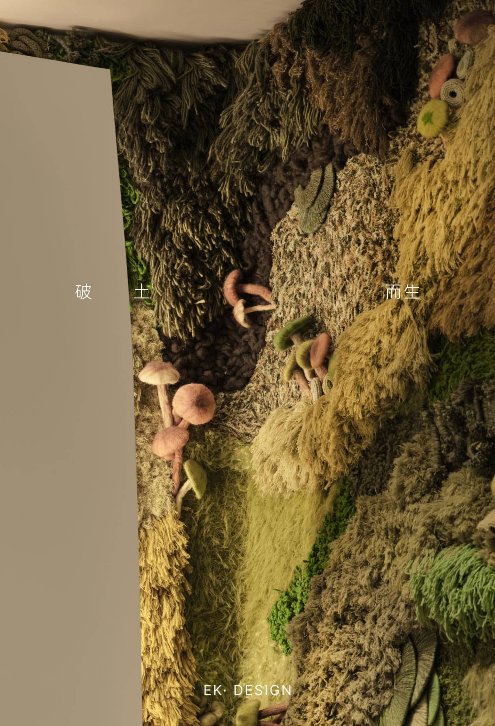 A whimsical forest scene featuring various mushrooms growing on different surfaces, including the ground and rocks, in a natural and imaginative atmosphere