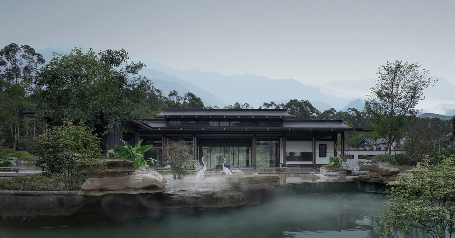 Serene Asian-style house near water with multiple rooms, chairs, and potted plants