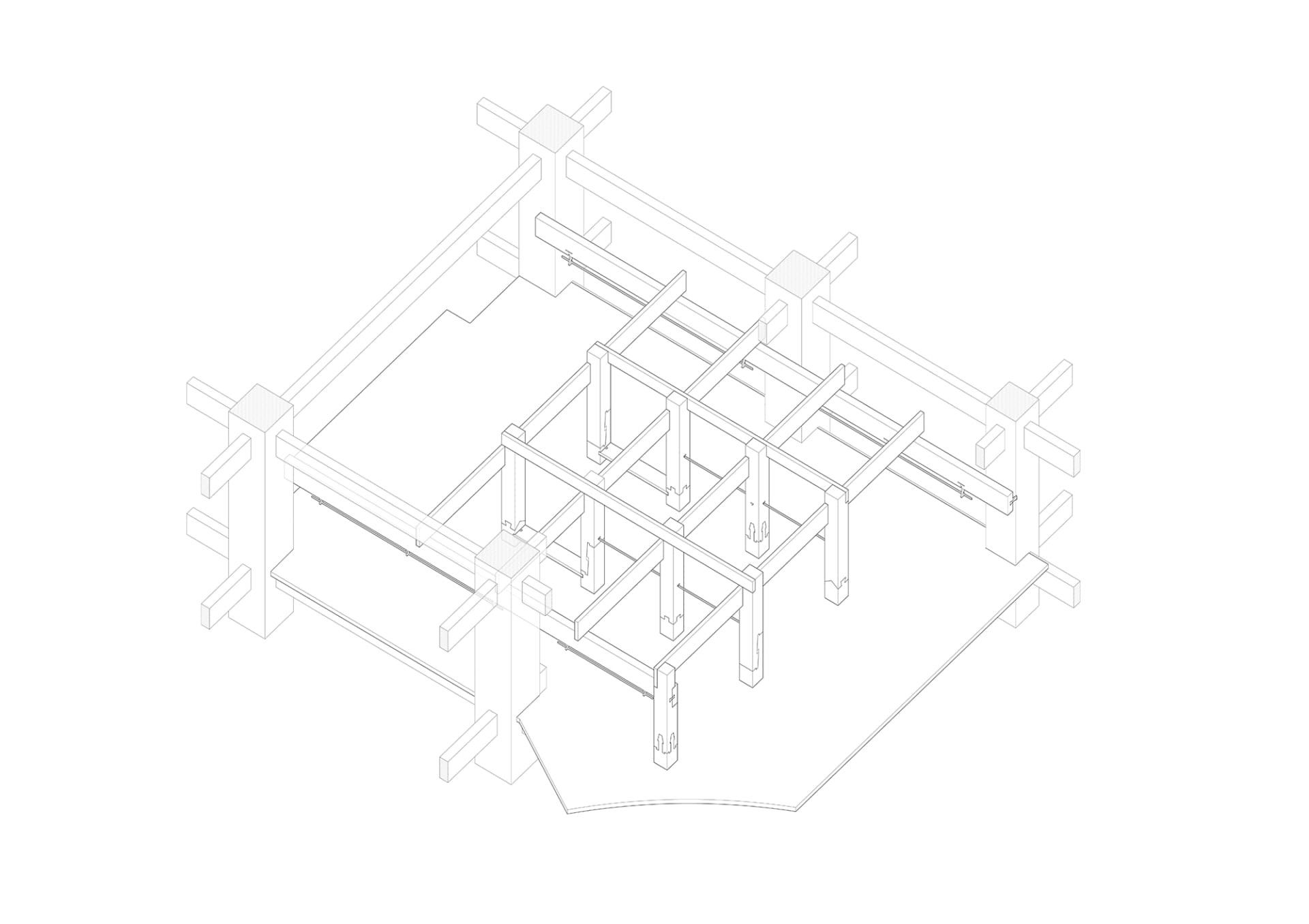 大型開放式辦公空間的 2D 建築圖，包含多個房間與走廊，以白色牆面及極簡設計為特色