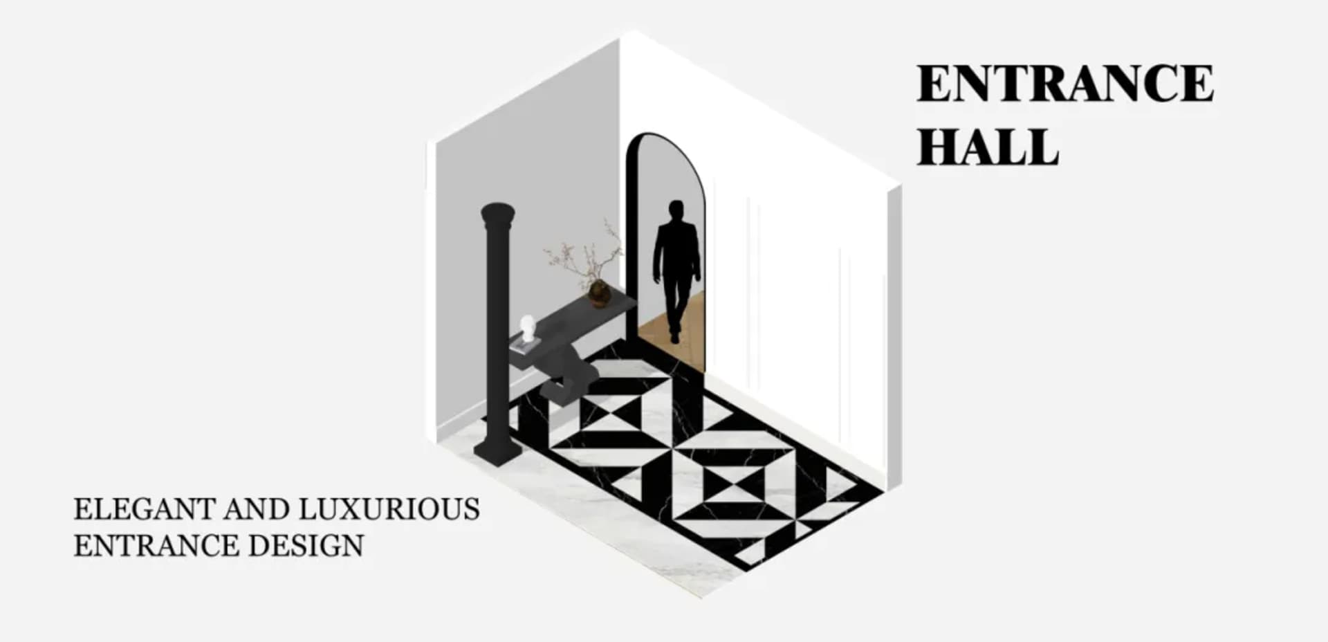 A luxurious hallway with marble flooring, a black and white checkered pattern, and paintings on the walls