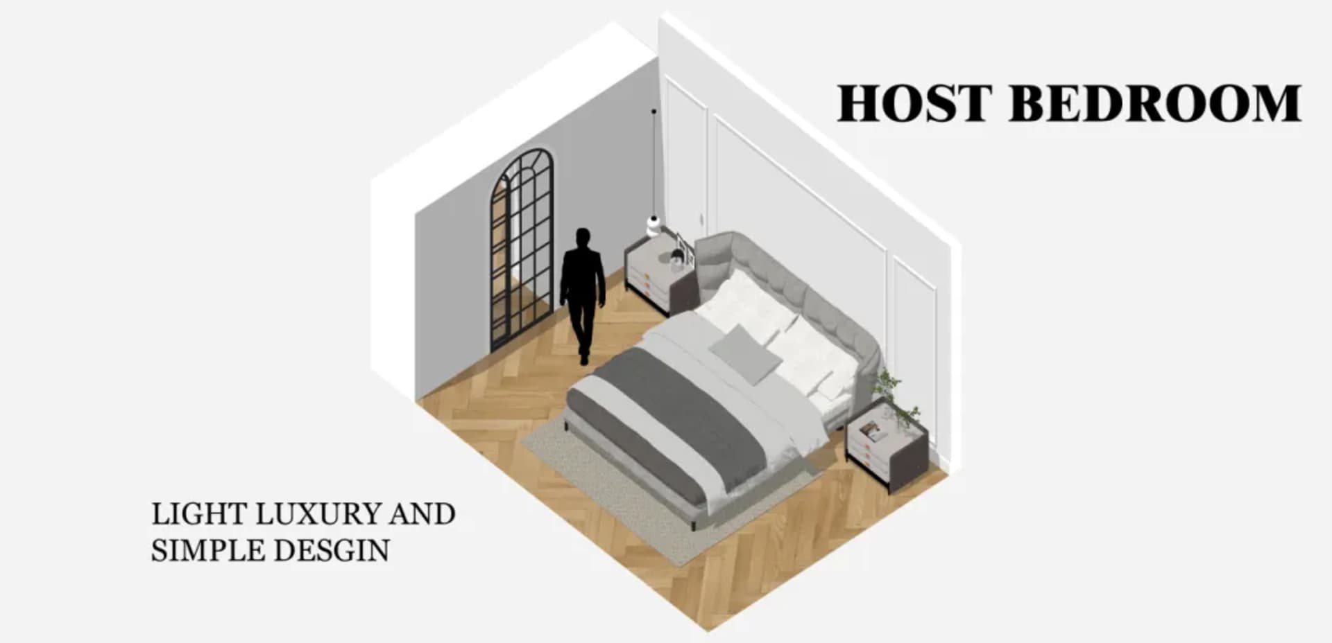 Cozy bedroom with a central bed, a chair, and two people, set in a warm and inviting atmosphere
