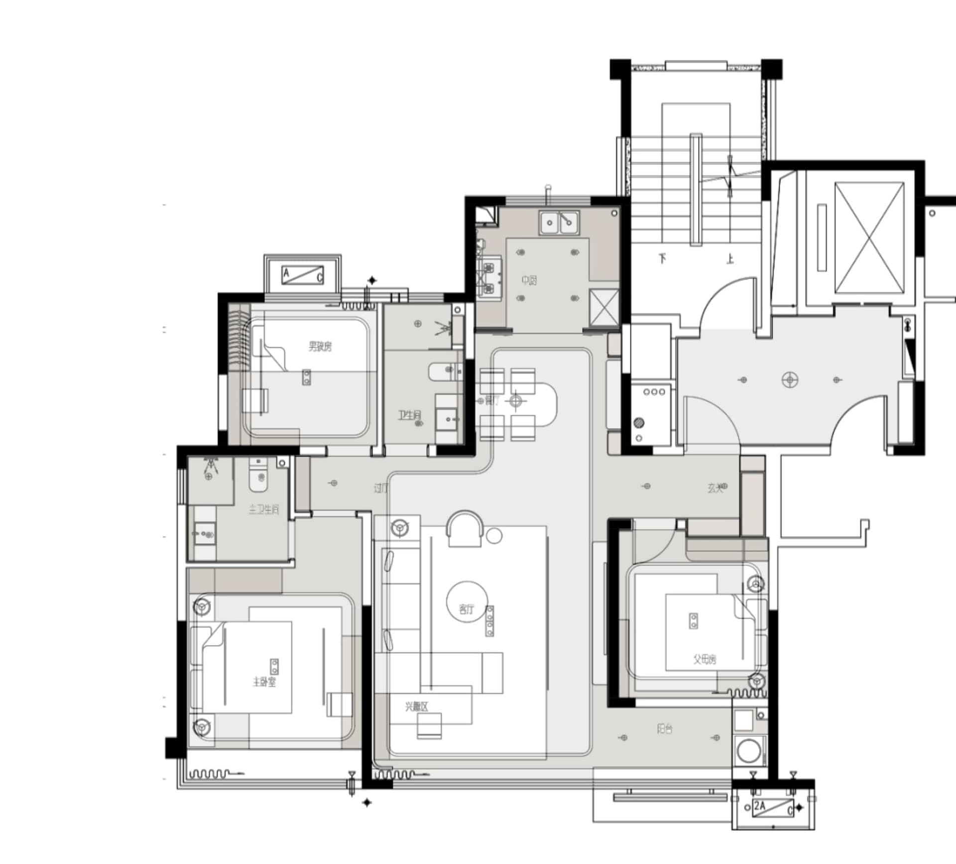 Black and white floor plan of a traditional home with a mix of open and enclosed spaces, featuring wood materials and natural lighting