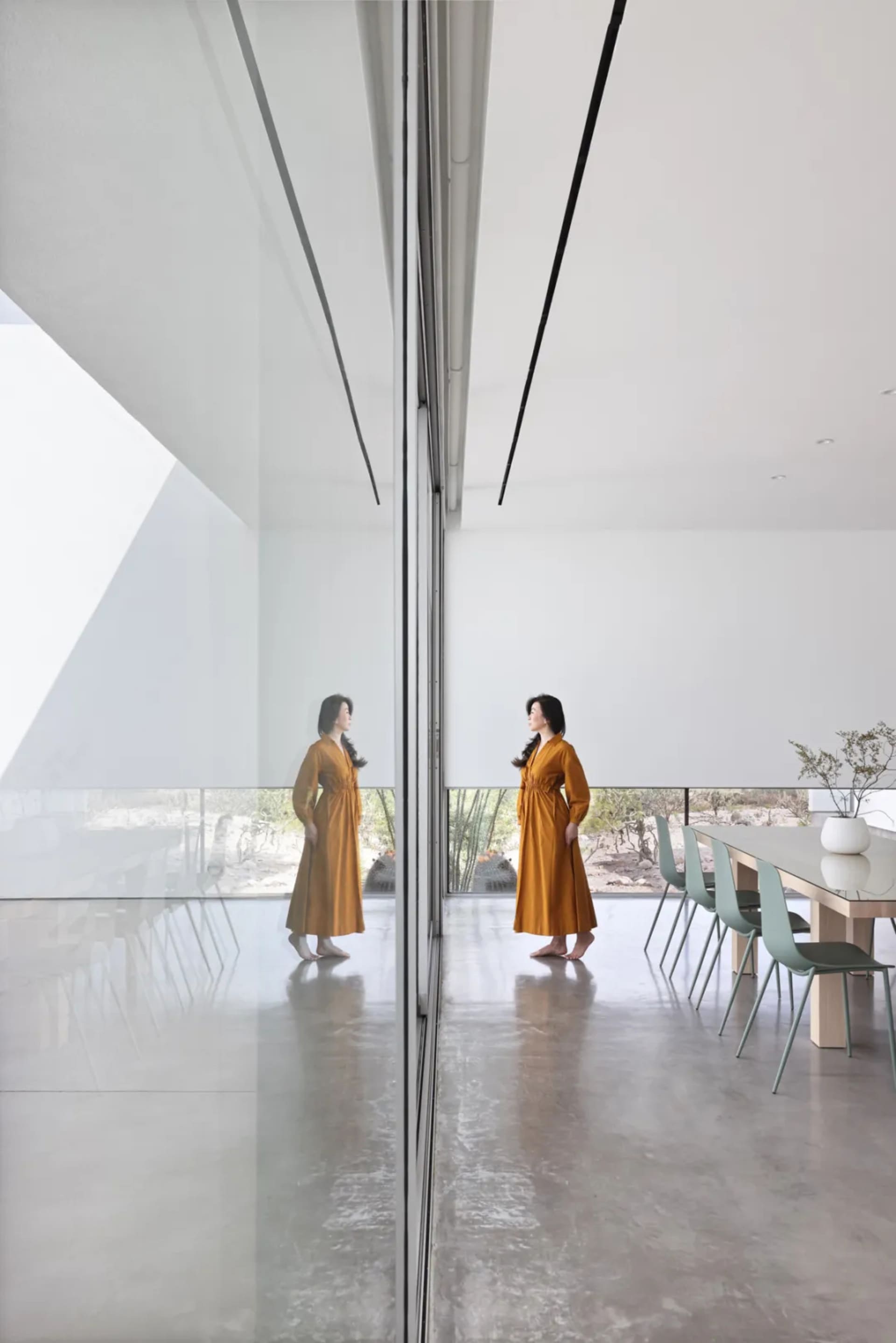 Two women standing in front of a glass wall in a dining room with chairs and a potted plant, reflected in the mirrored surface