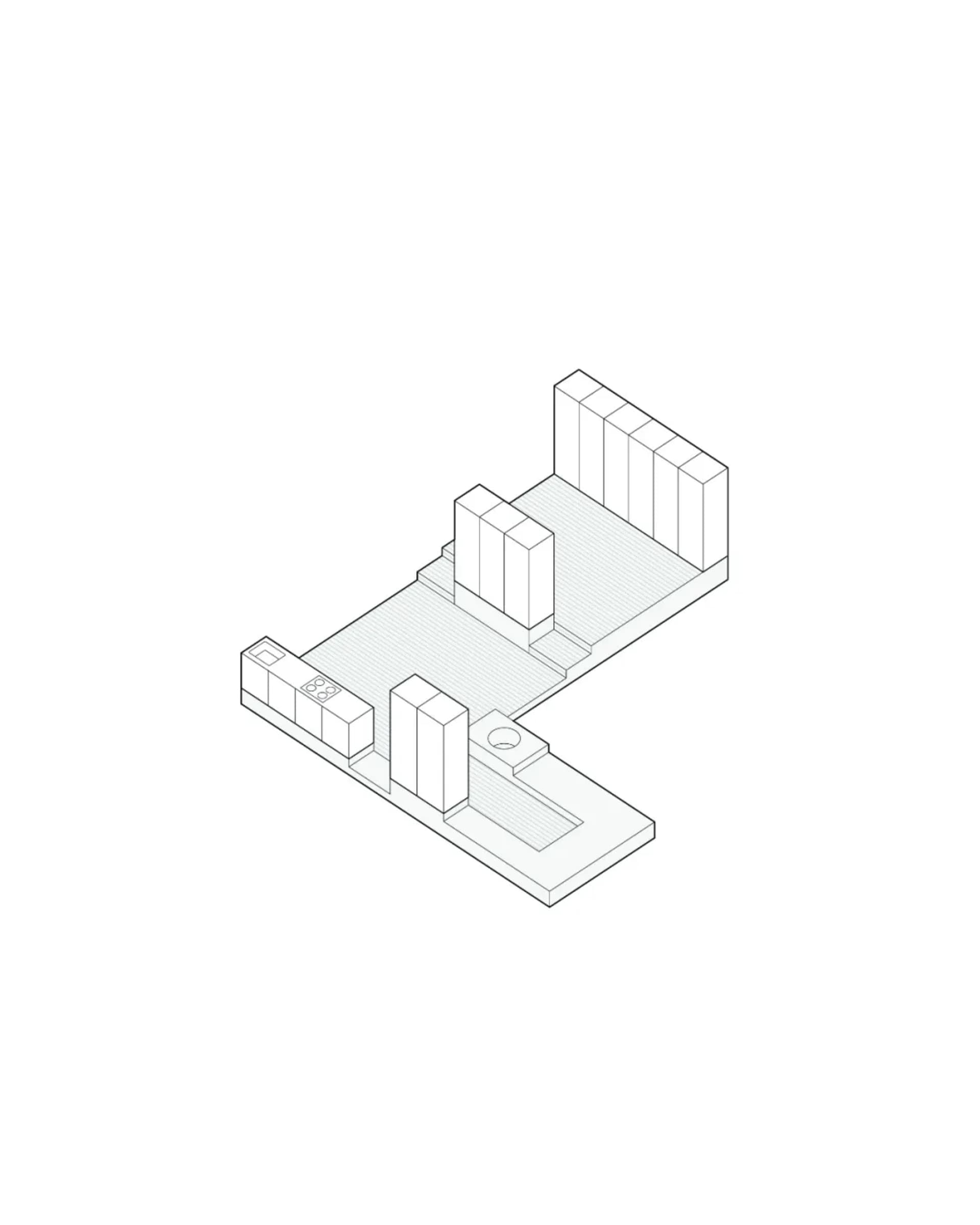 現代建築的多房間 2D 平面圖，包含廚房、客廳和餐廳，標示清晰、線條分明