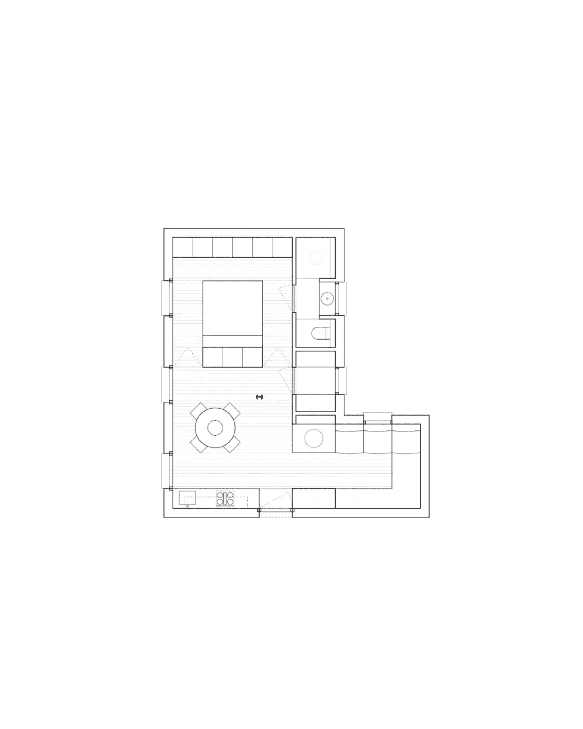 現代住宅的 2D 樓層平面圖，標示房間、水泥與木質材質，呈現中性色調與窗戶自然光線