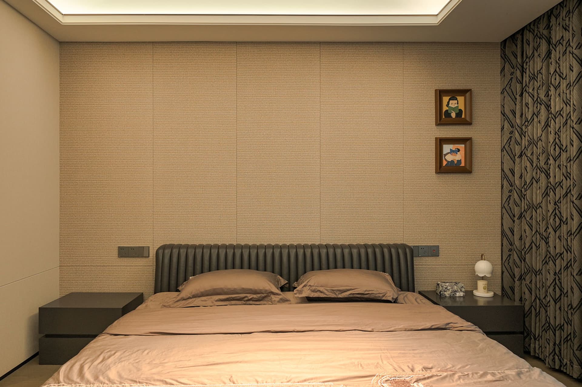 Cozy bedroom with a large wooden bed, brown sheets, and two framed pictures on the wall