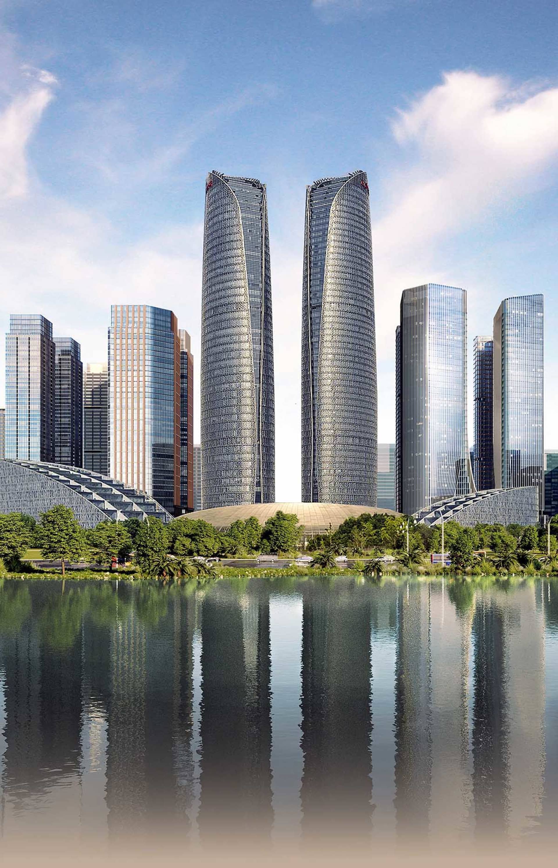 兩棟現代玻璃帷幕與鋼構建築，位於寧靜湖岸，周圍環繞湖水與自然景觀
