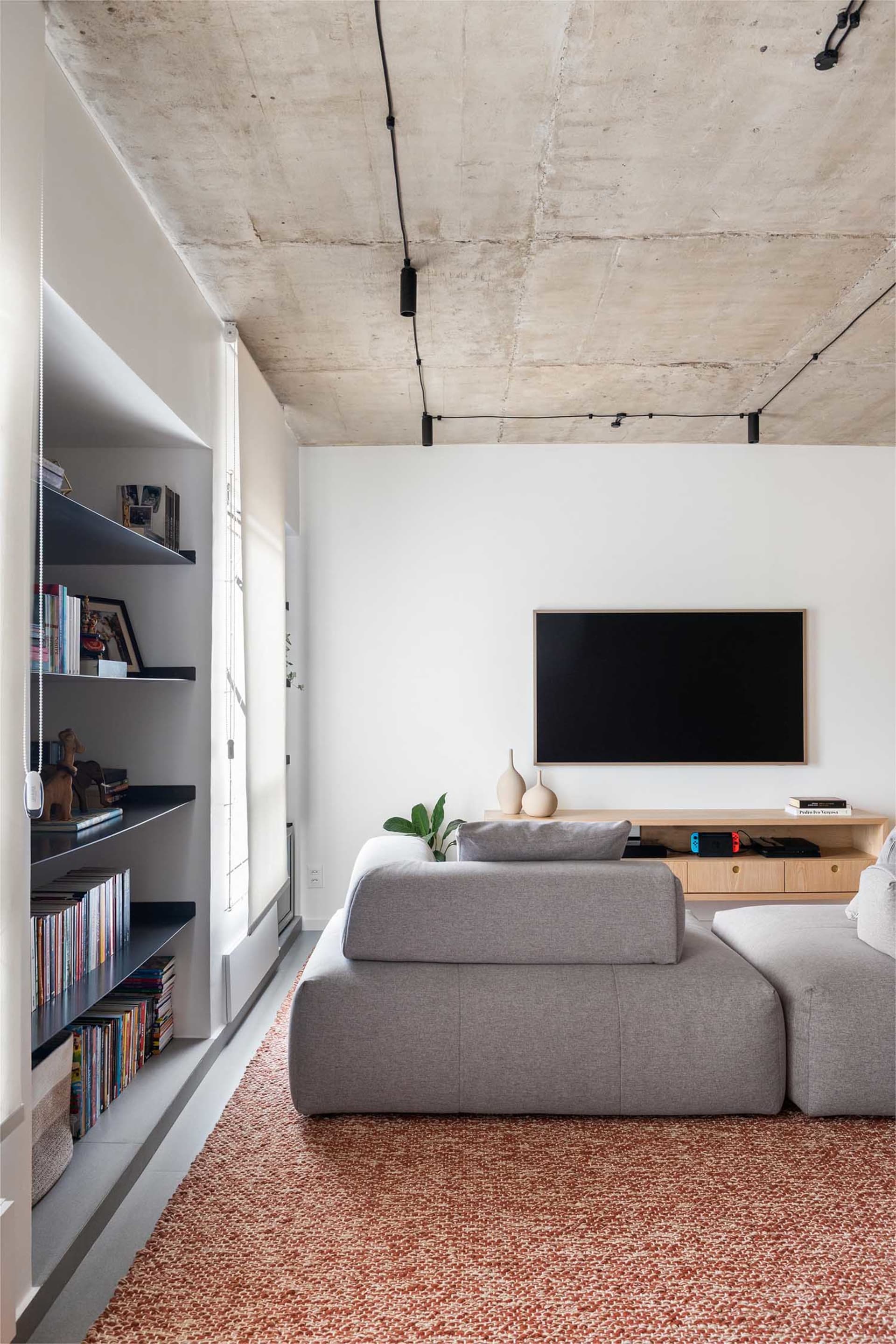 Cozy modern living area with a large TV, two couches, a chair, and books on shelves, surrounded by a warm atmosphere