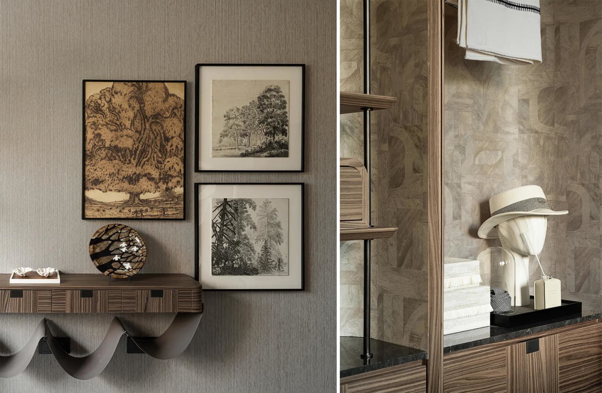 A warm and inviting living space with wooden floors and walls, featuring artwork, decorative elements, and a bookshelf