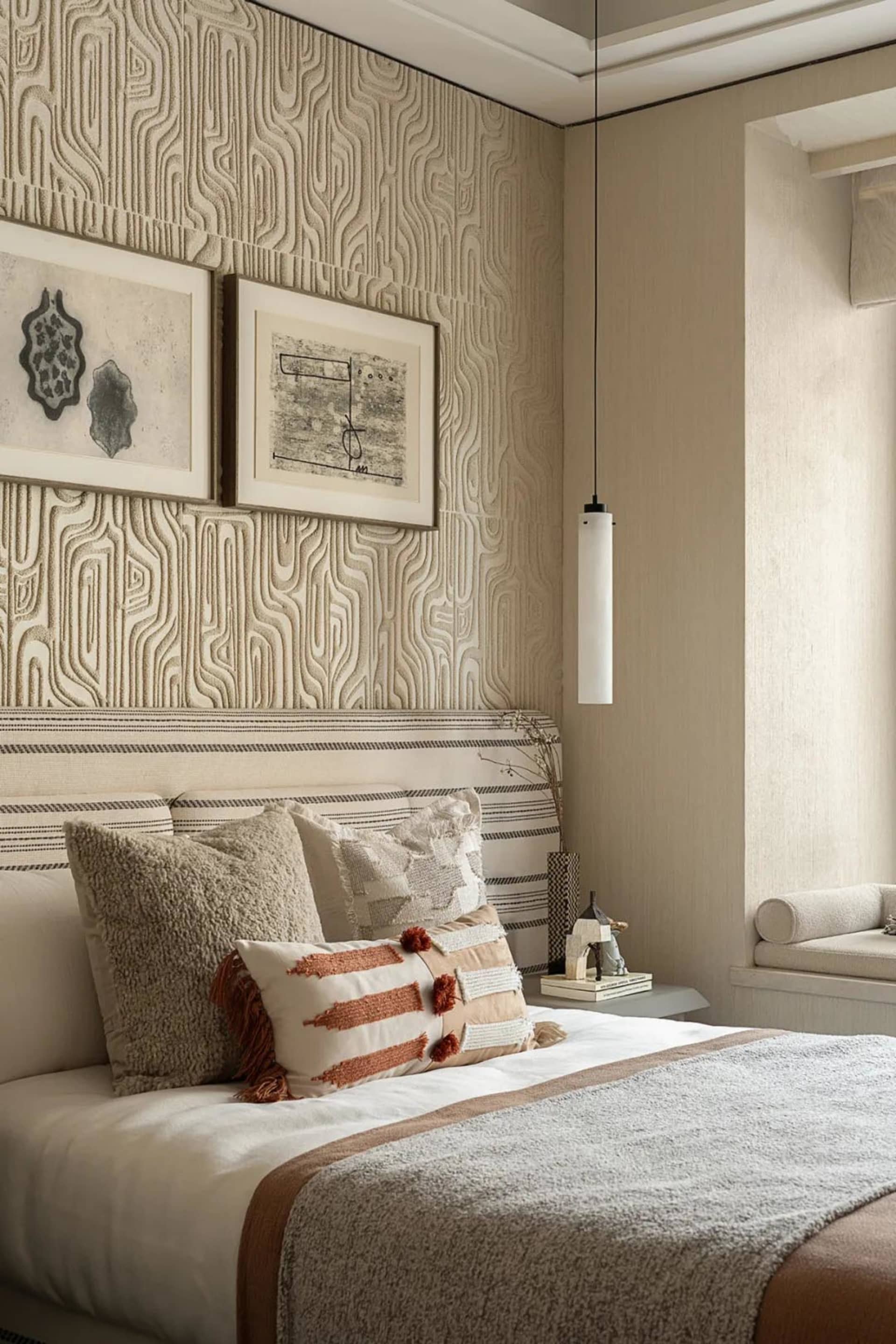 A well-lit bedroom with a striped pattern on the walls, a large bed, and two pictures above it