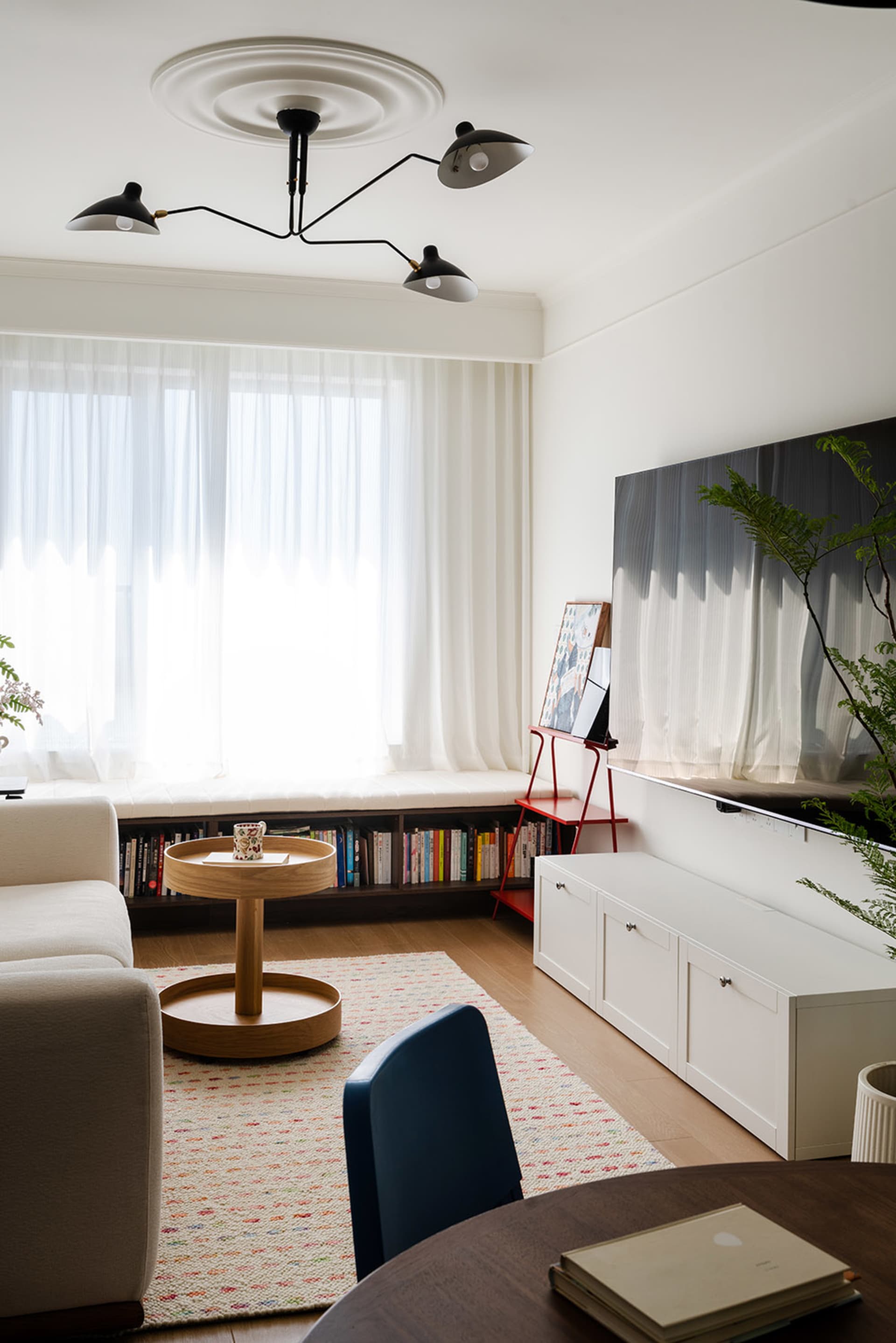 Open living area with white walls, wooden floors, two couches, a chair, a dining table, and a TV, with books scattered throughout, creating a bright and inviting ambiance