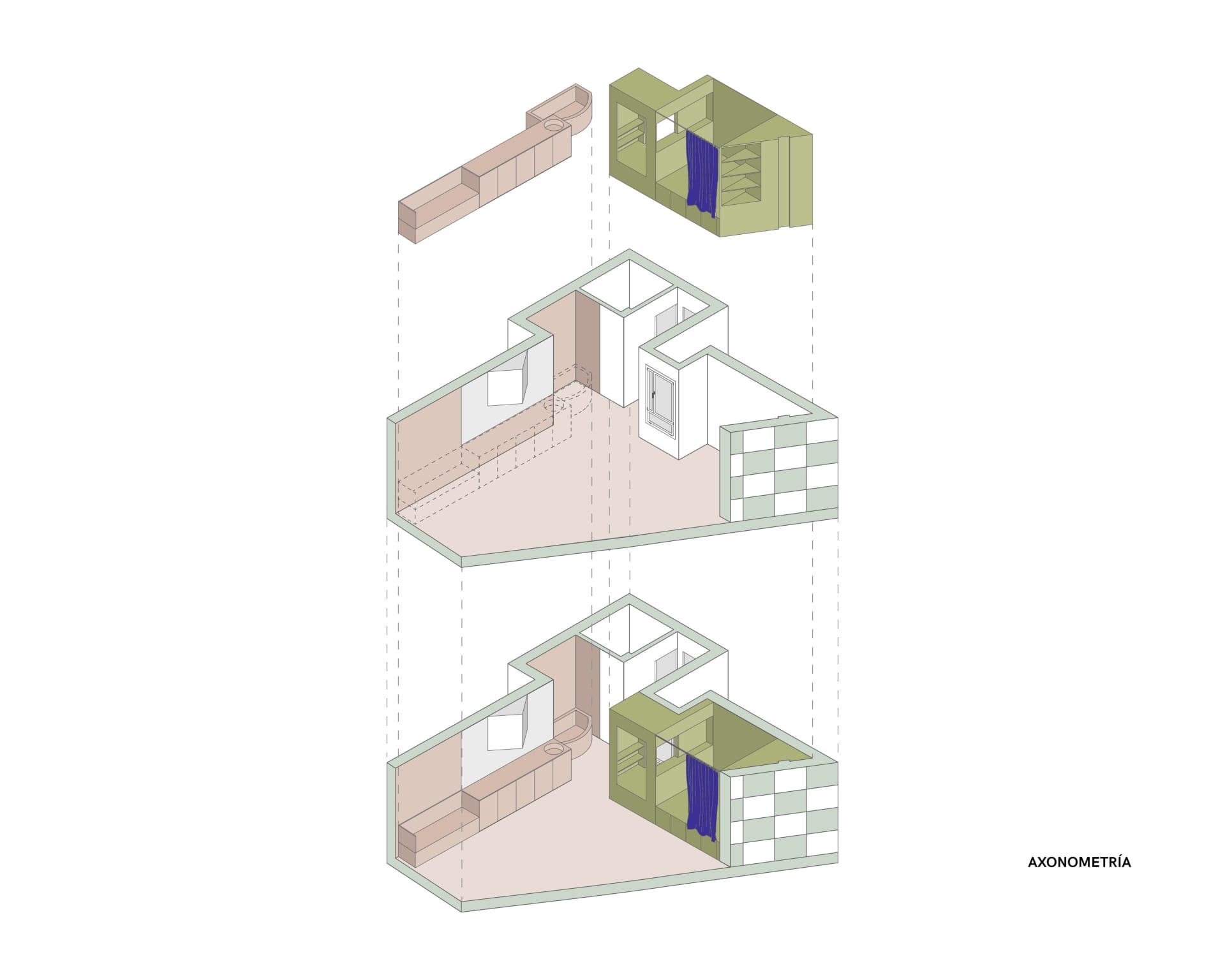 Three-section architectural rendering of a modern house with clean lines, minimalistic design, and neutral tones, featuring concrete and glass materials, and natural light from windows