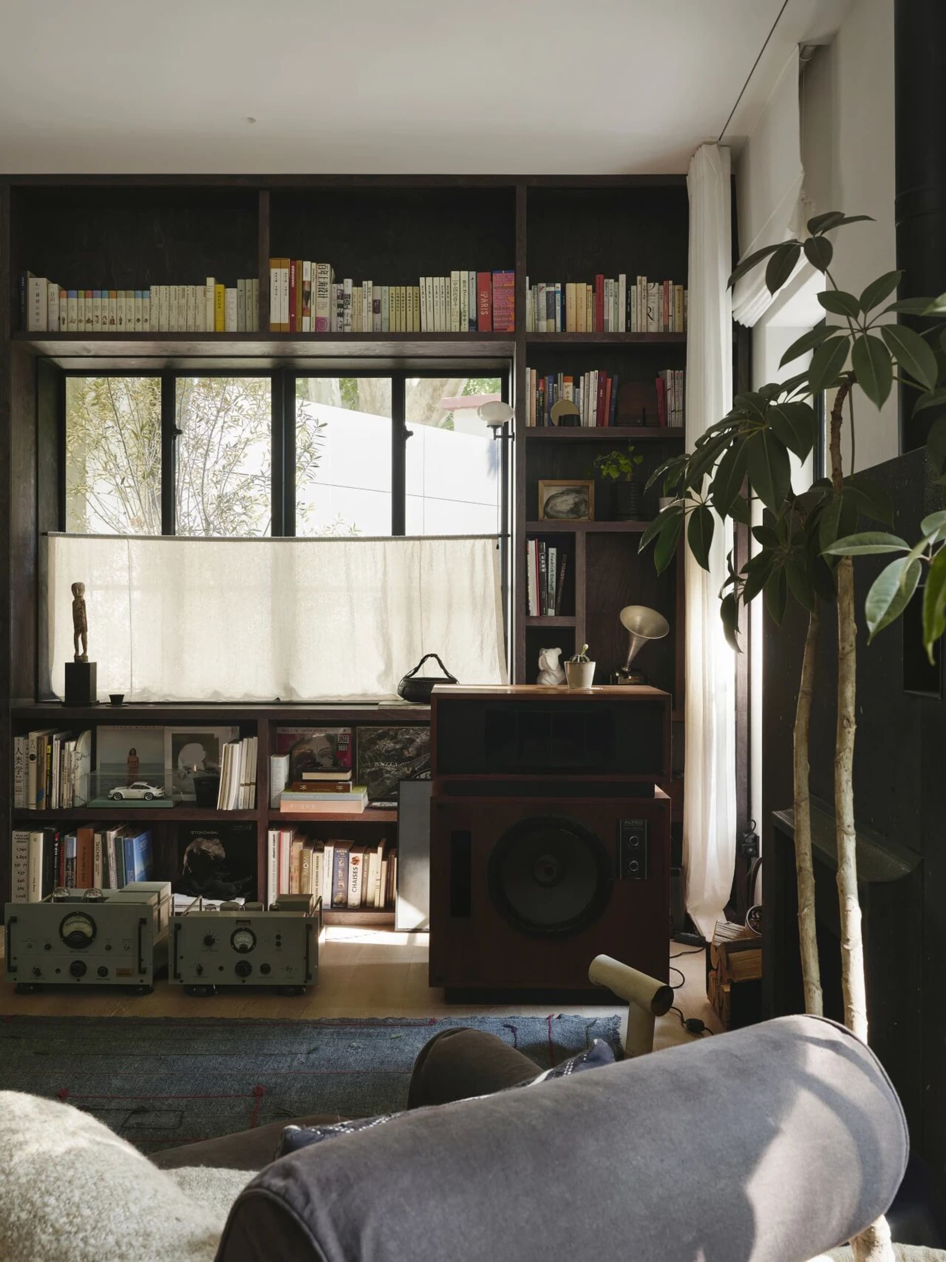 Cozy living space with a large bookshelf, a couch, and a diverse book collection
