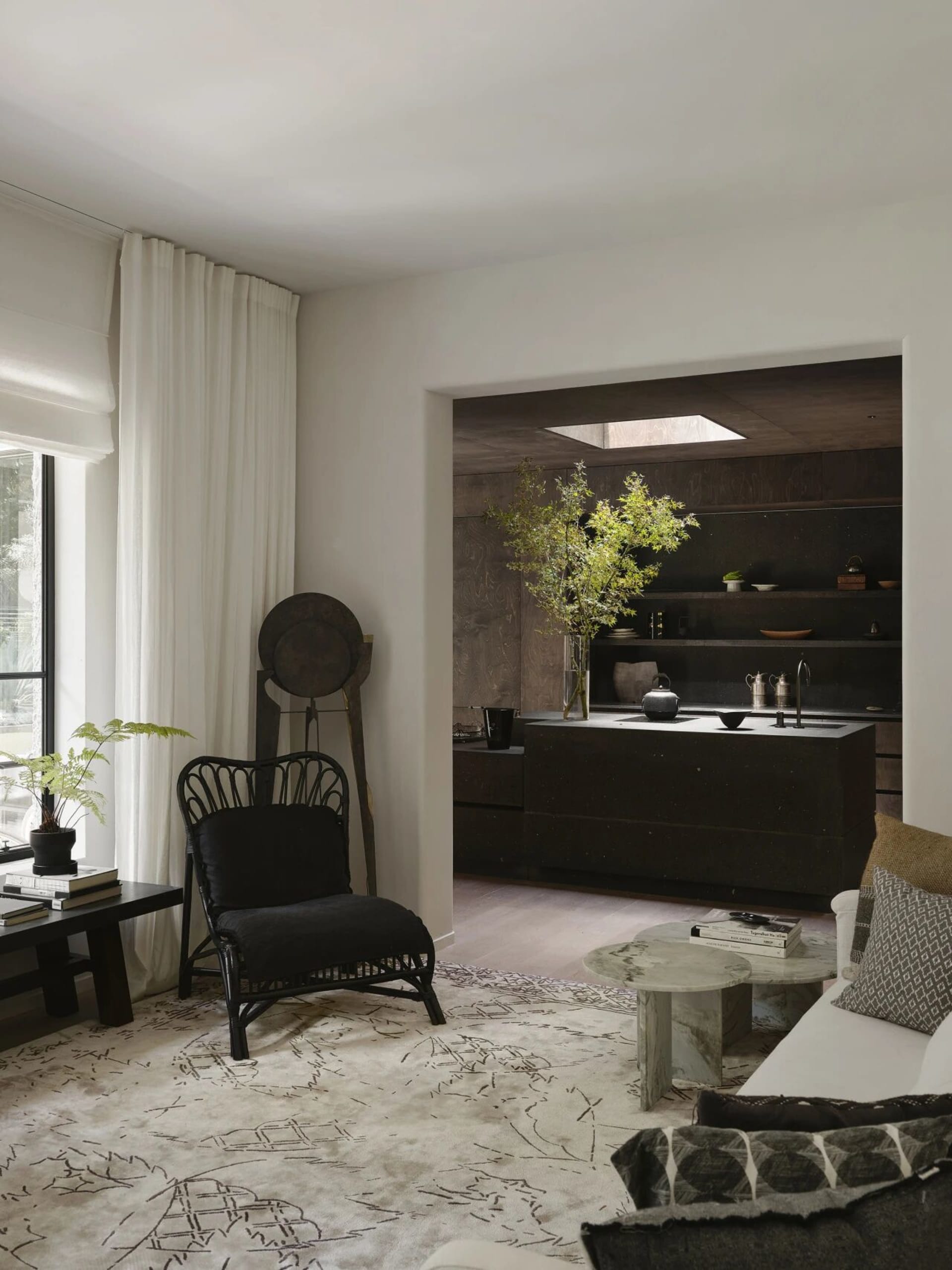 A modern living area with a black chair, dining table, and potted plant, featuring clean lines and minimalistic decoration, with a comfortable and well-lit atmosphere