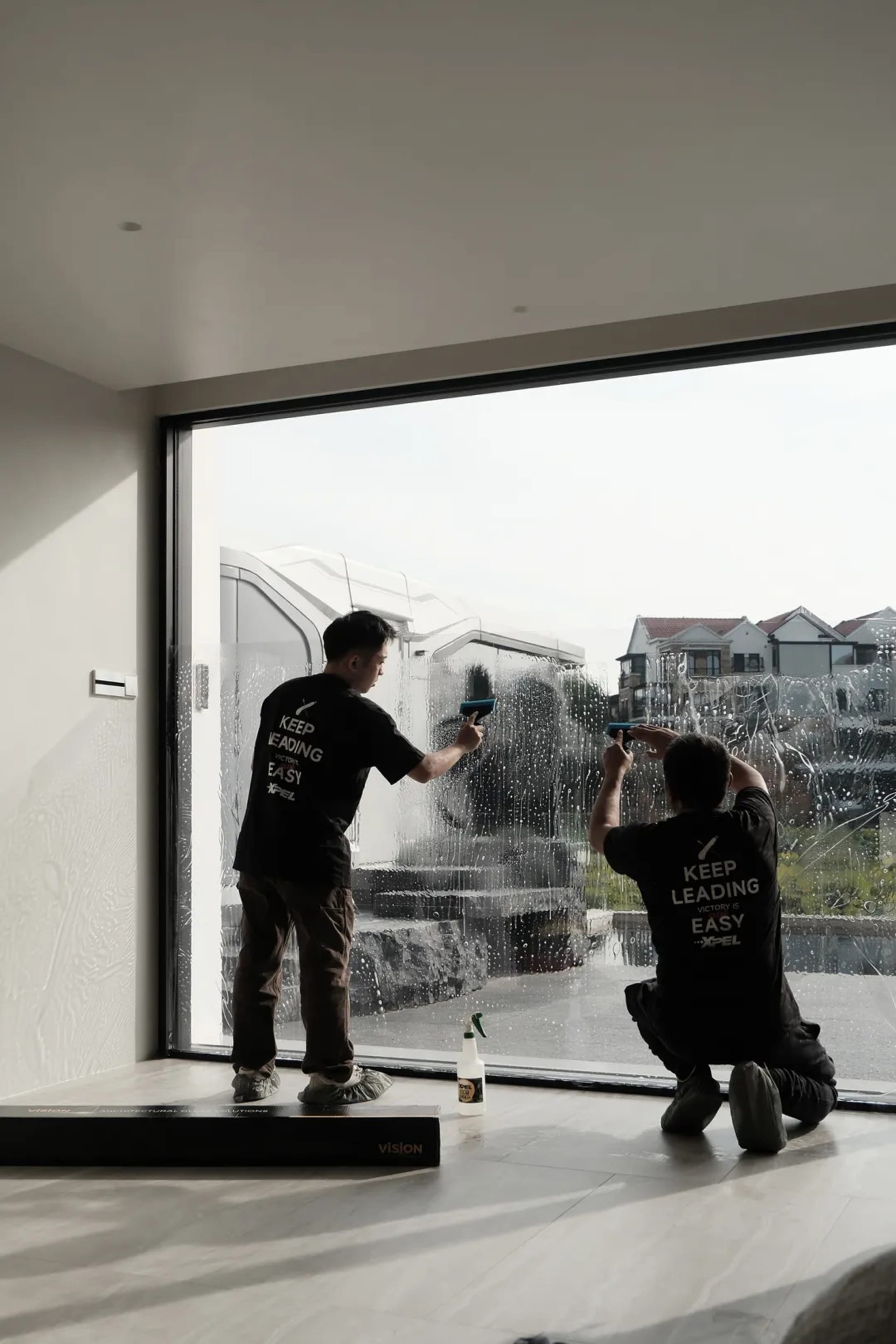 Two men working together to clean windows in a room with potted plants and a collaborative atmosphere