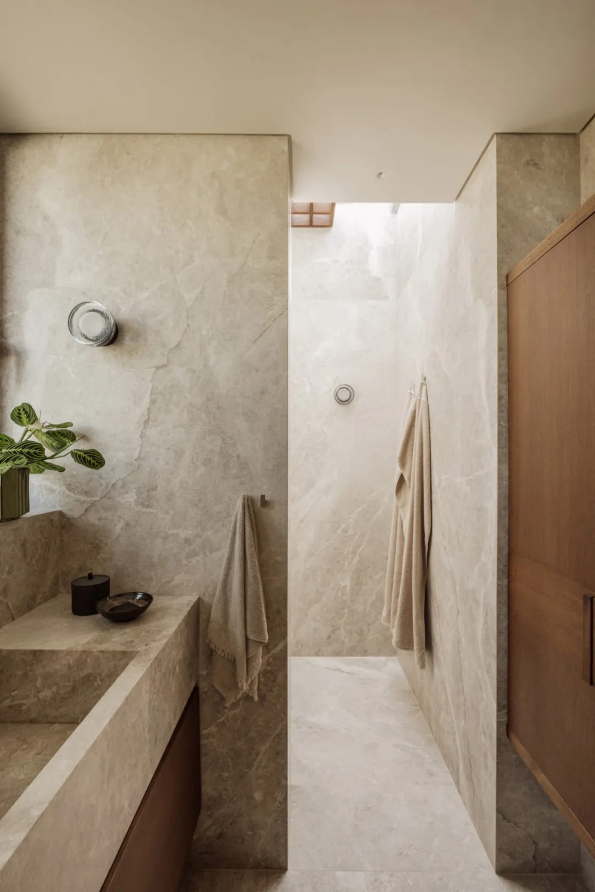 Bathroom with a tiled shower, a sink, and two potted plants, featuring a white towel and elegant design
