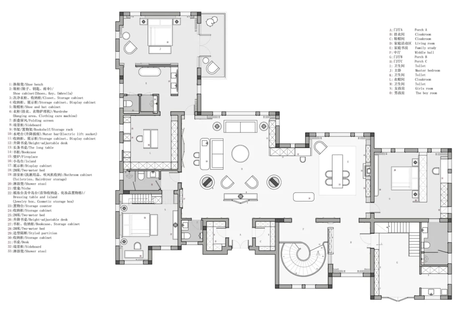 2D floor plan of a house with modern and traditional design elements, well-lit with natural and artificial light