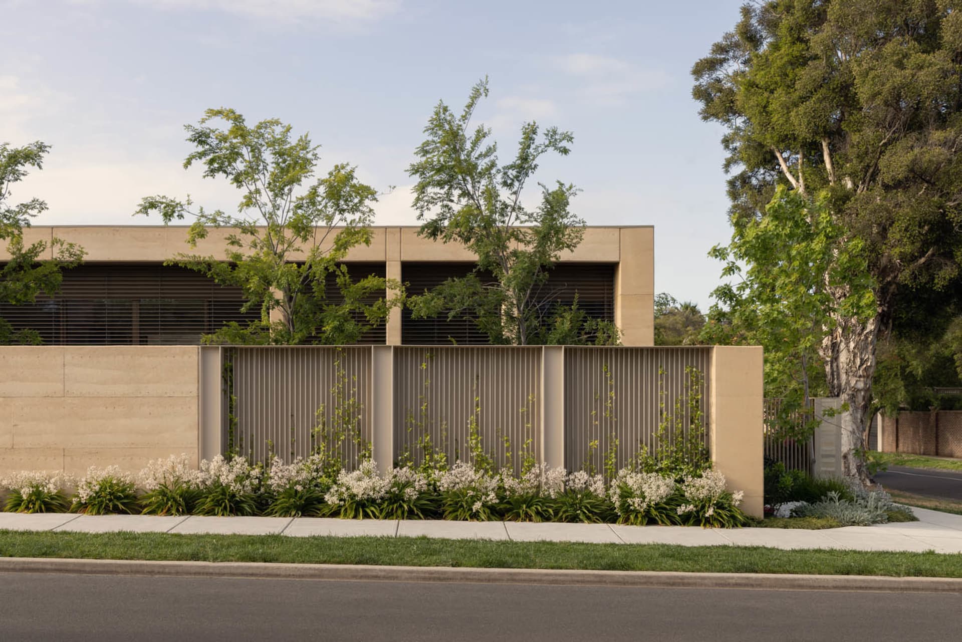 A modern house with a gray exterior, concrete block wall, and trees in front, well-lit by natural sunlight