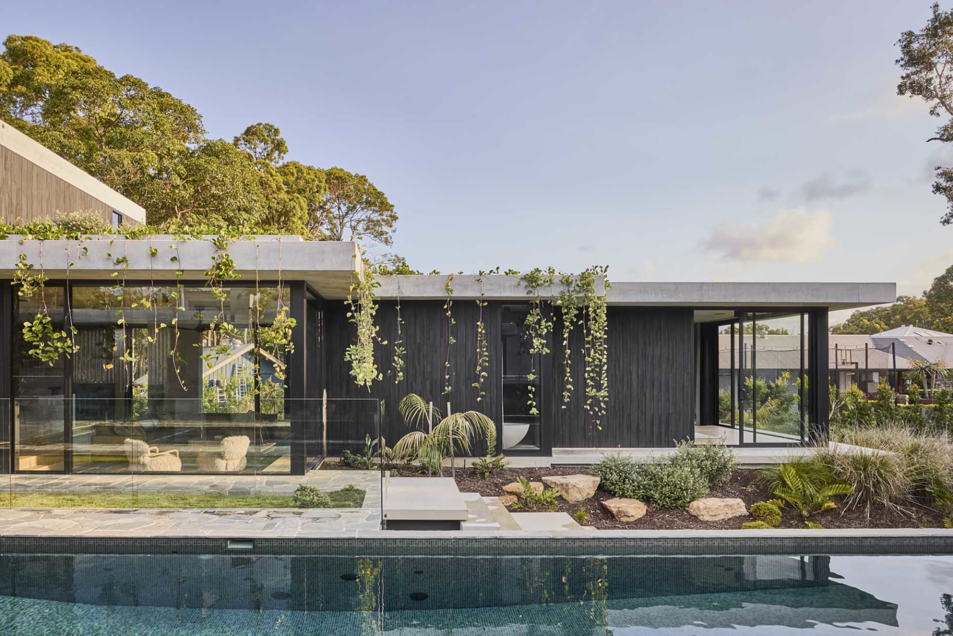 A modern house with a black concrete exterior, surrounded by trees and a pool, featuring potted plants and two chairs for relaxation