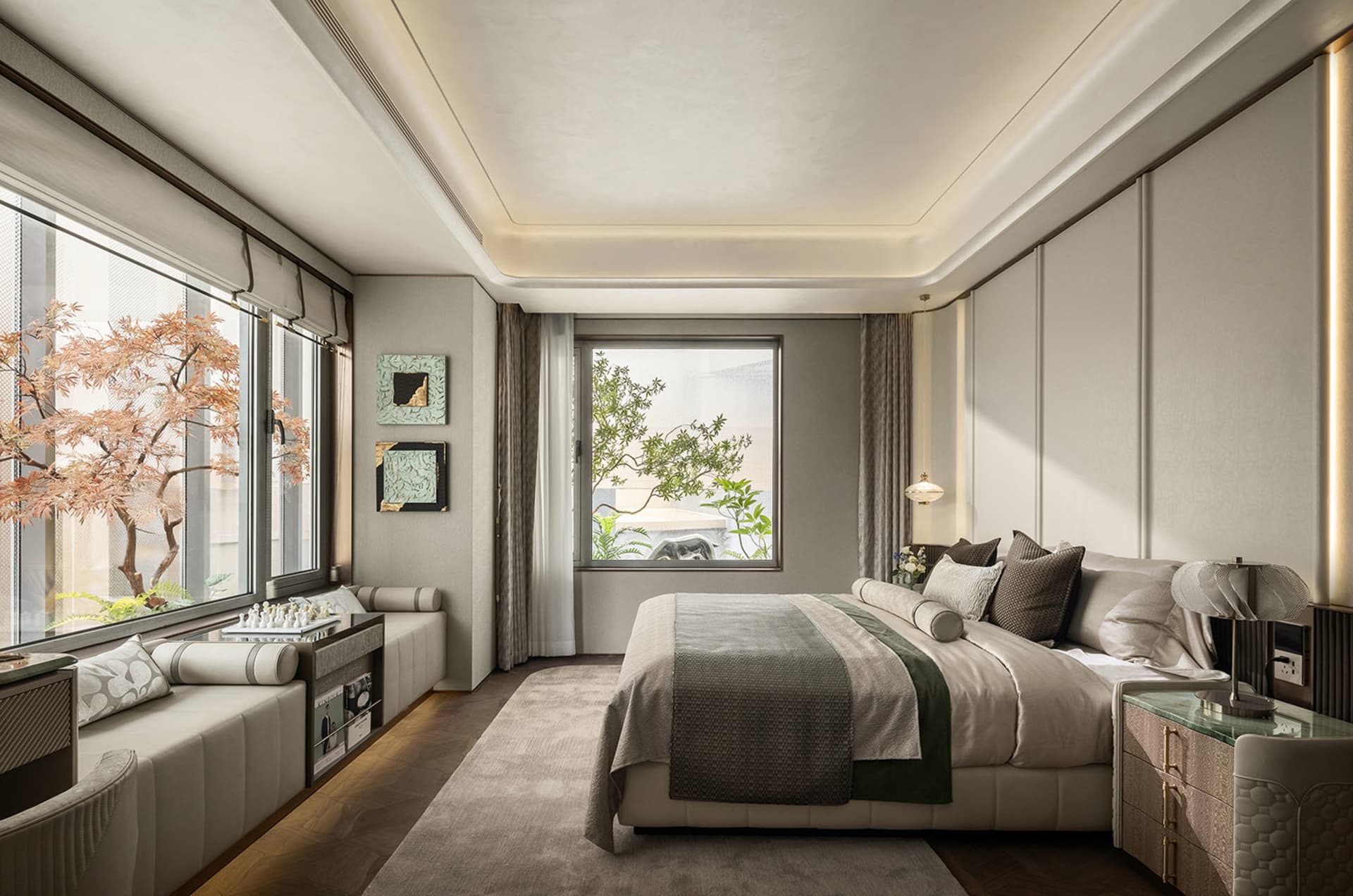 Elegant bedroom with a large white bed, striped blanket, two couches, three chairs, a clock, and a vase, creating a comfortable and inviting atmosphere