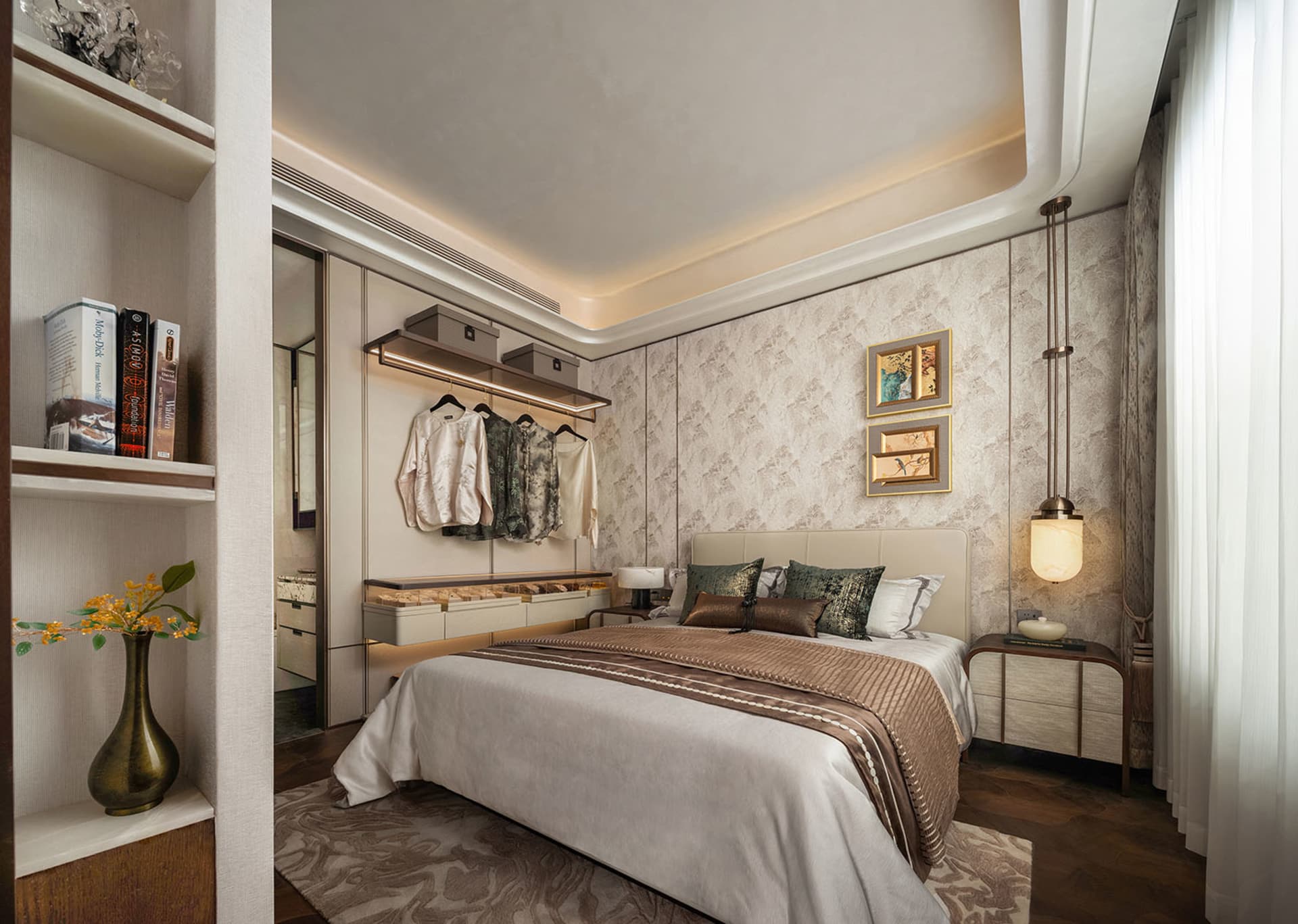 Elegant bedroom with a large bed, two nightstands, and a dresser, featuring a sophisticated design and wooden furniture