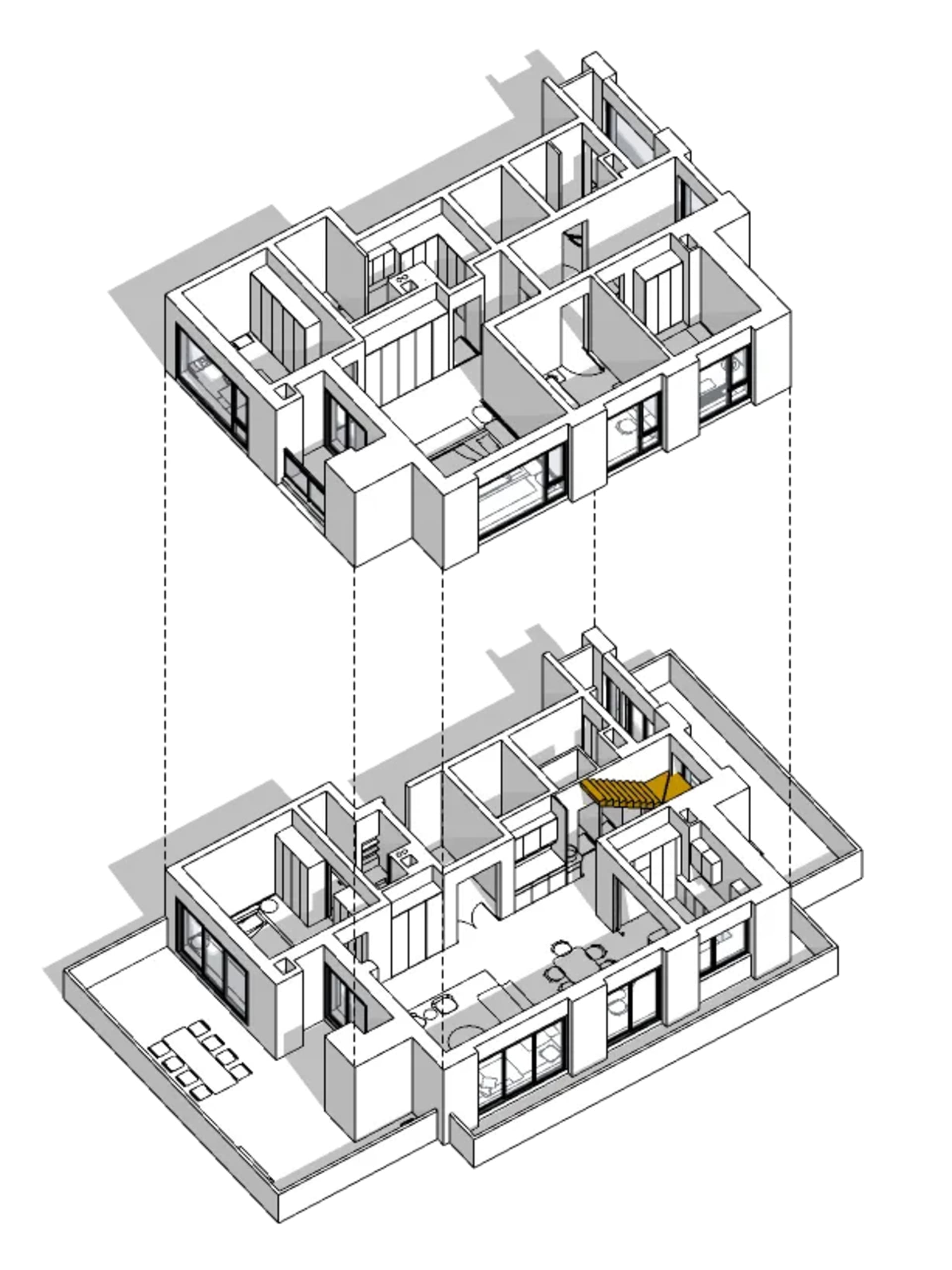 Computer-generated interior rendering of a modern house with two levels, featuring a living area and dining area with natural light from windows