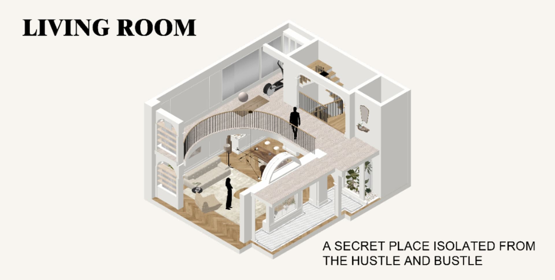 A modern living room with a clean design, featuring a couch, dining table, chairs, potted plants, and decorative vases, set against a calm and inviting atmosphere