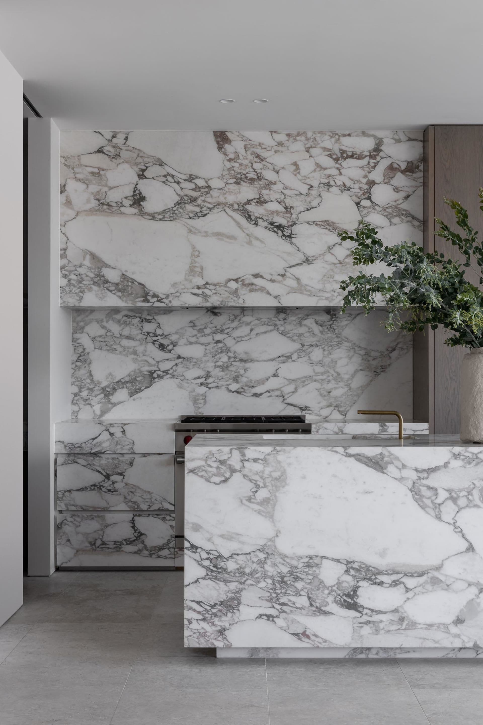 Modern kitchen with white marble countertops and grey walls, featuring a sink, oven, and potted plant
