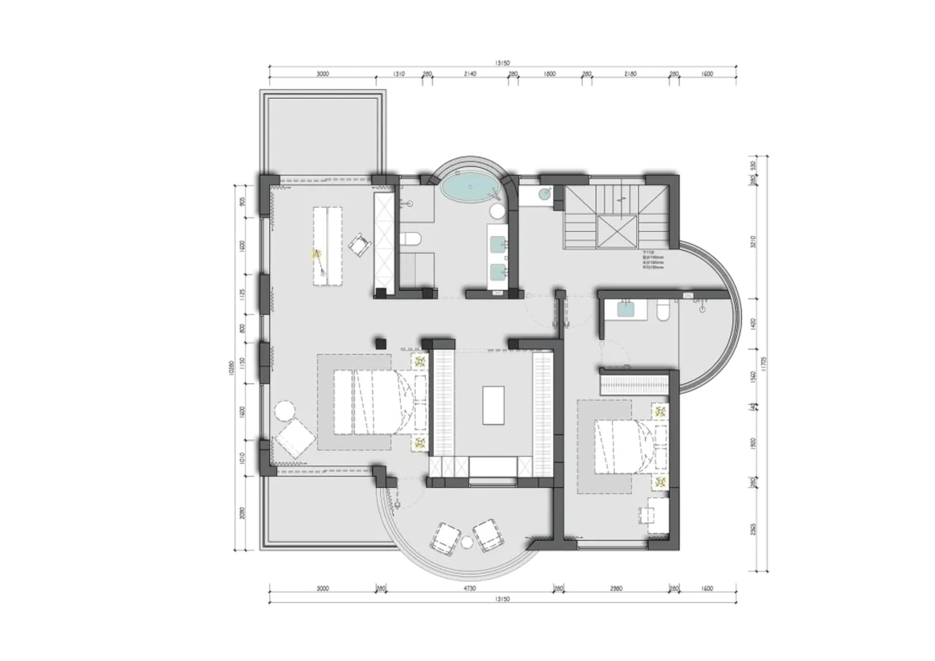 A modern home with a living area, dining area, kitchen, and bedroom, featuring multiple chairs and couches, and a sink and refrigerator in the kitchen