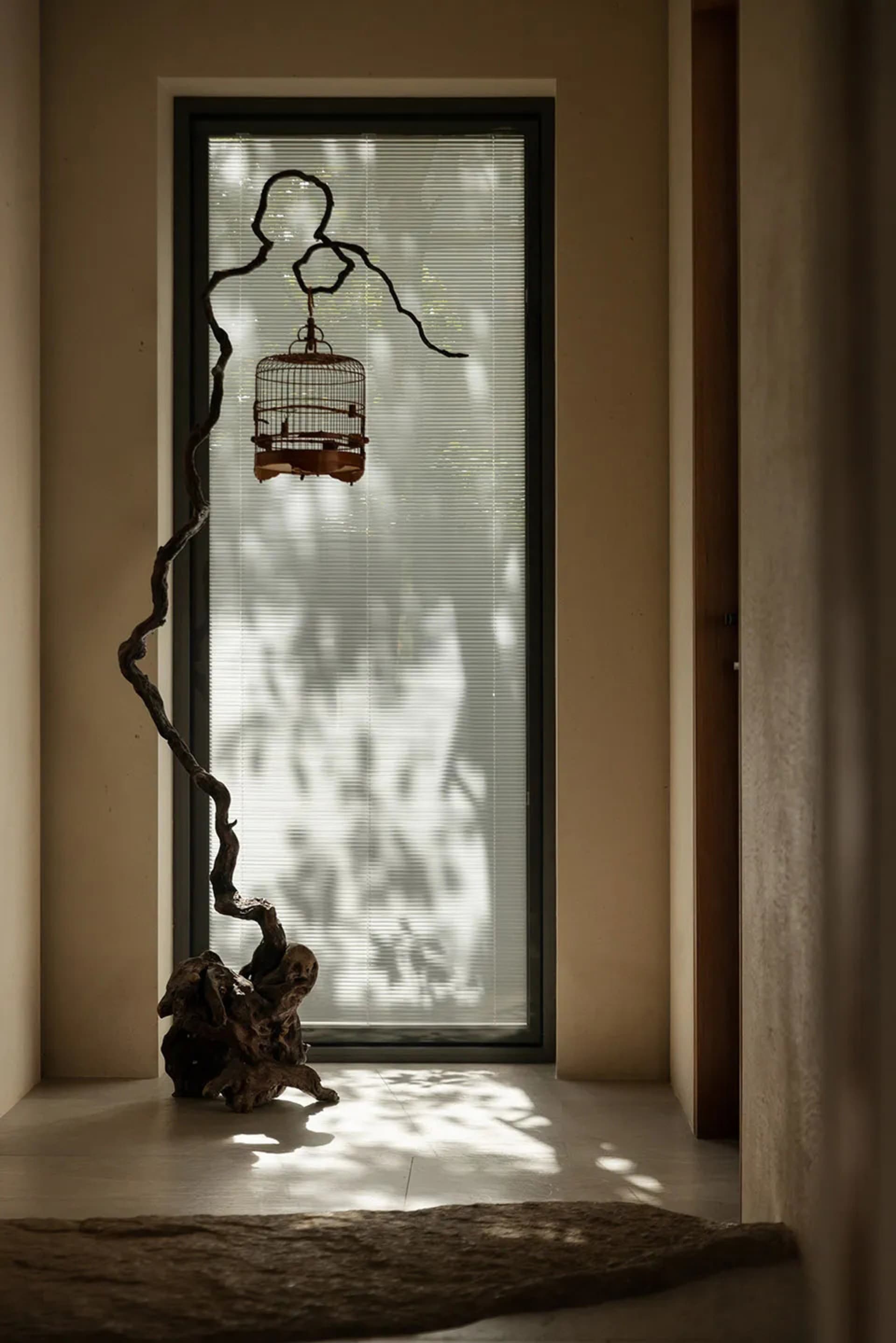 A tree branch transformed into a bird feeder in front of a sunny window, creating a peaceful atmosphere