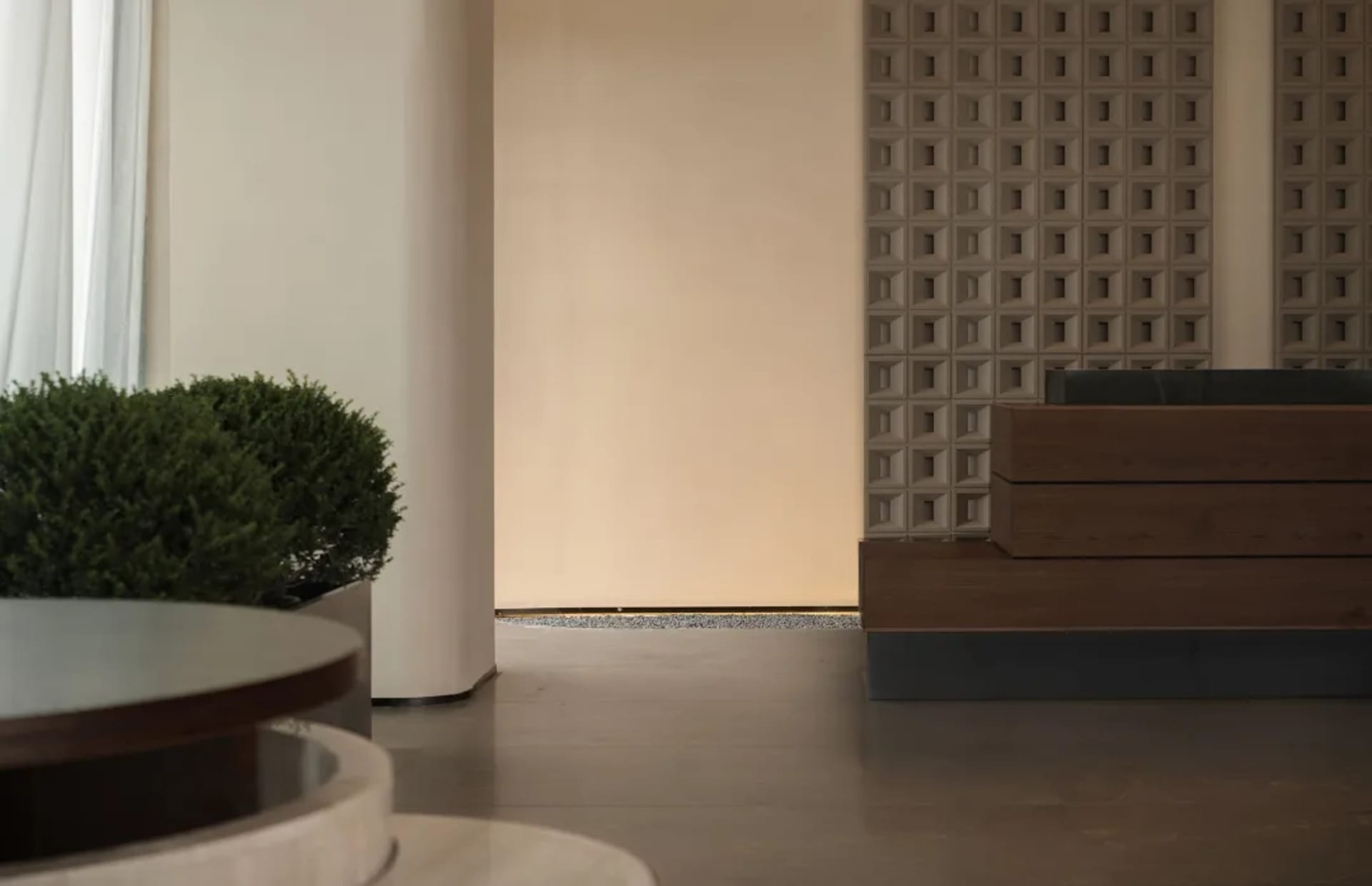 Cozy living space with a wooden floor, a white wall, a bench, and a potted plant