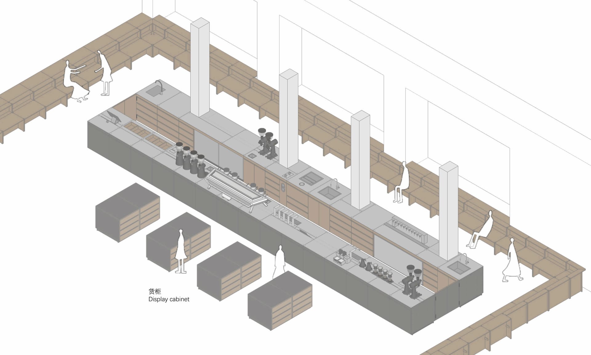 餐廳的詳細樓層平面圖，具有大型餐廳區域、廚房和高品質材料