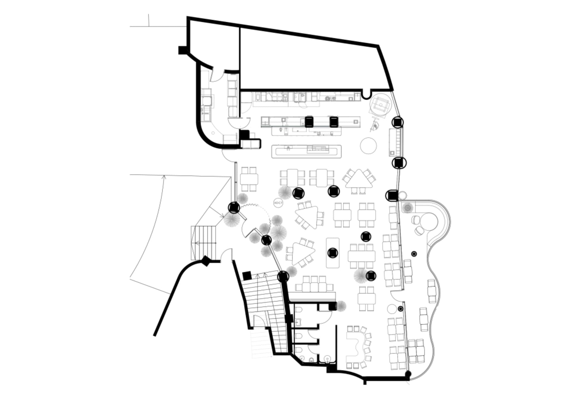 Black and white floor plan of a modern commercial space with a large open area, dining area, and smaller rooms, well-lit with natural light