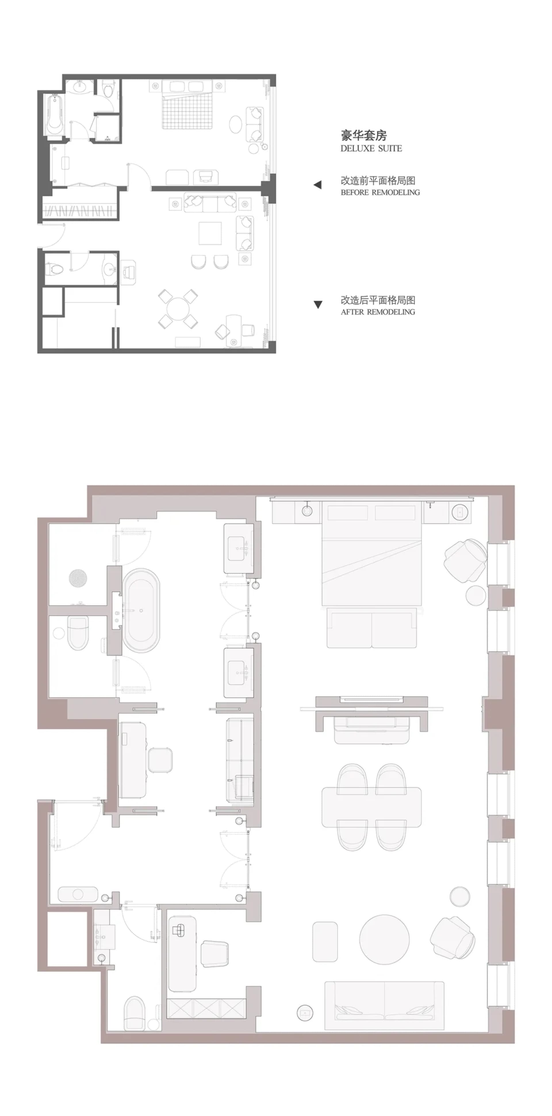 一張2D平面圖，展示一間現代化的房間的家具、標籤和尺寸，主要採用白色材料，呈現一種乾淨和簡約的設計，空間充滿清新空氣和光明