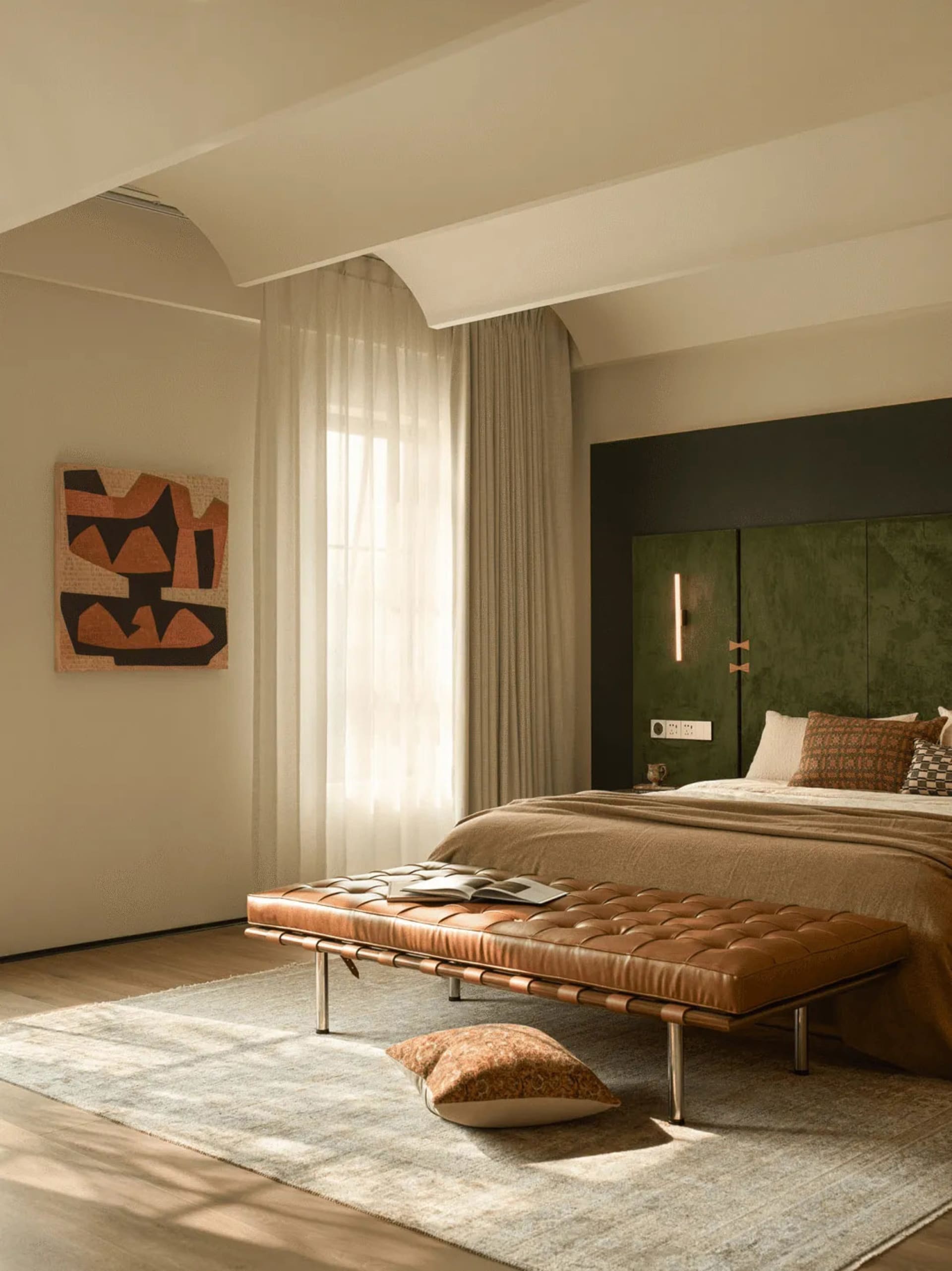 Cozy bedroom with a bed, bench, and painting, featuring wood and fabric materials, soft natural lighting, and a focus on relaxation