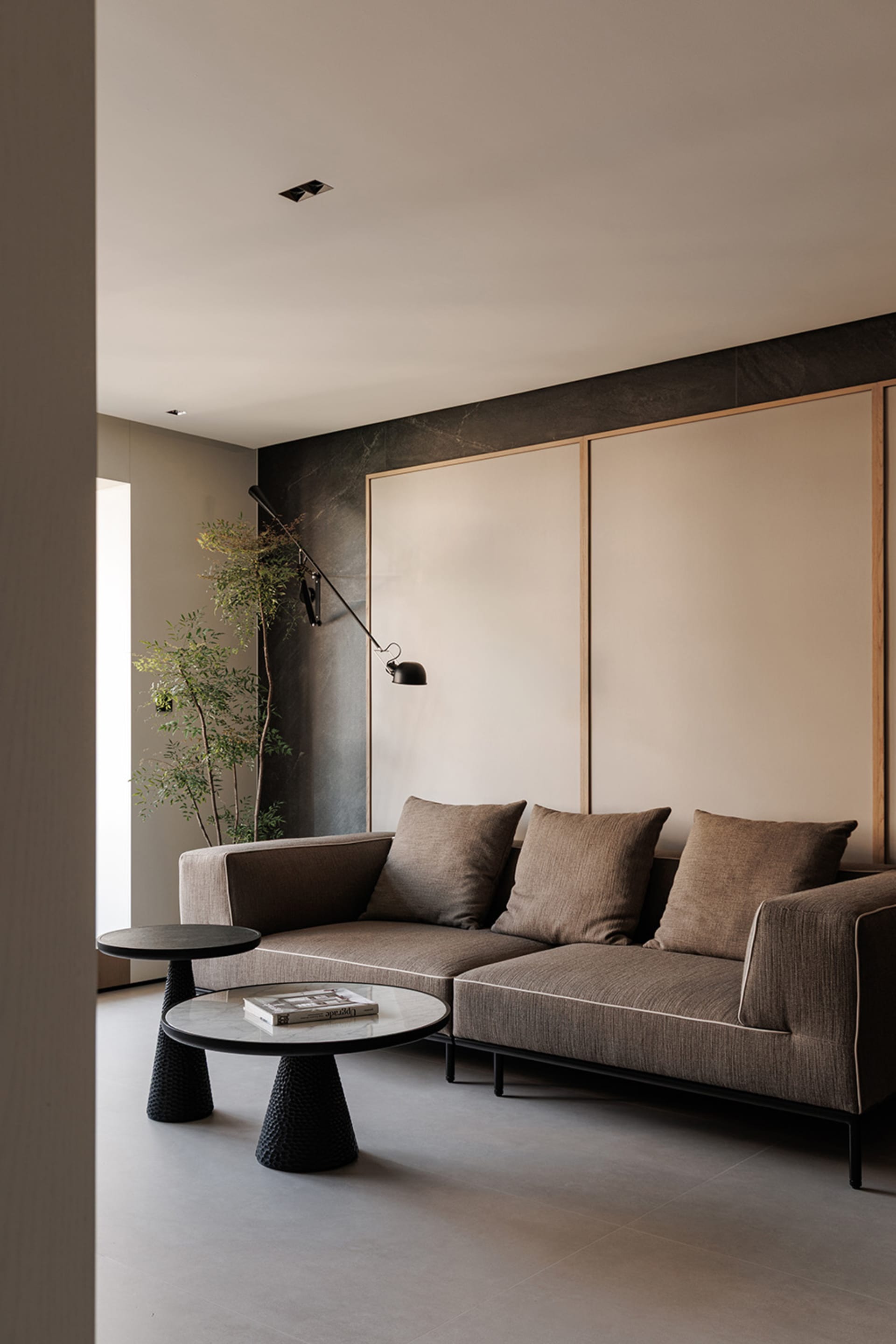Cozy living room with a brown couch, a chair, and a potted plant, well-lit and inviting