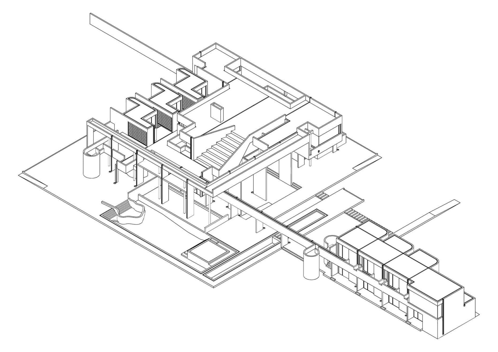 A detailed white drawing of a large building with multiple rooms, including a kitchen and dining area, with clear labels and measurements