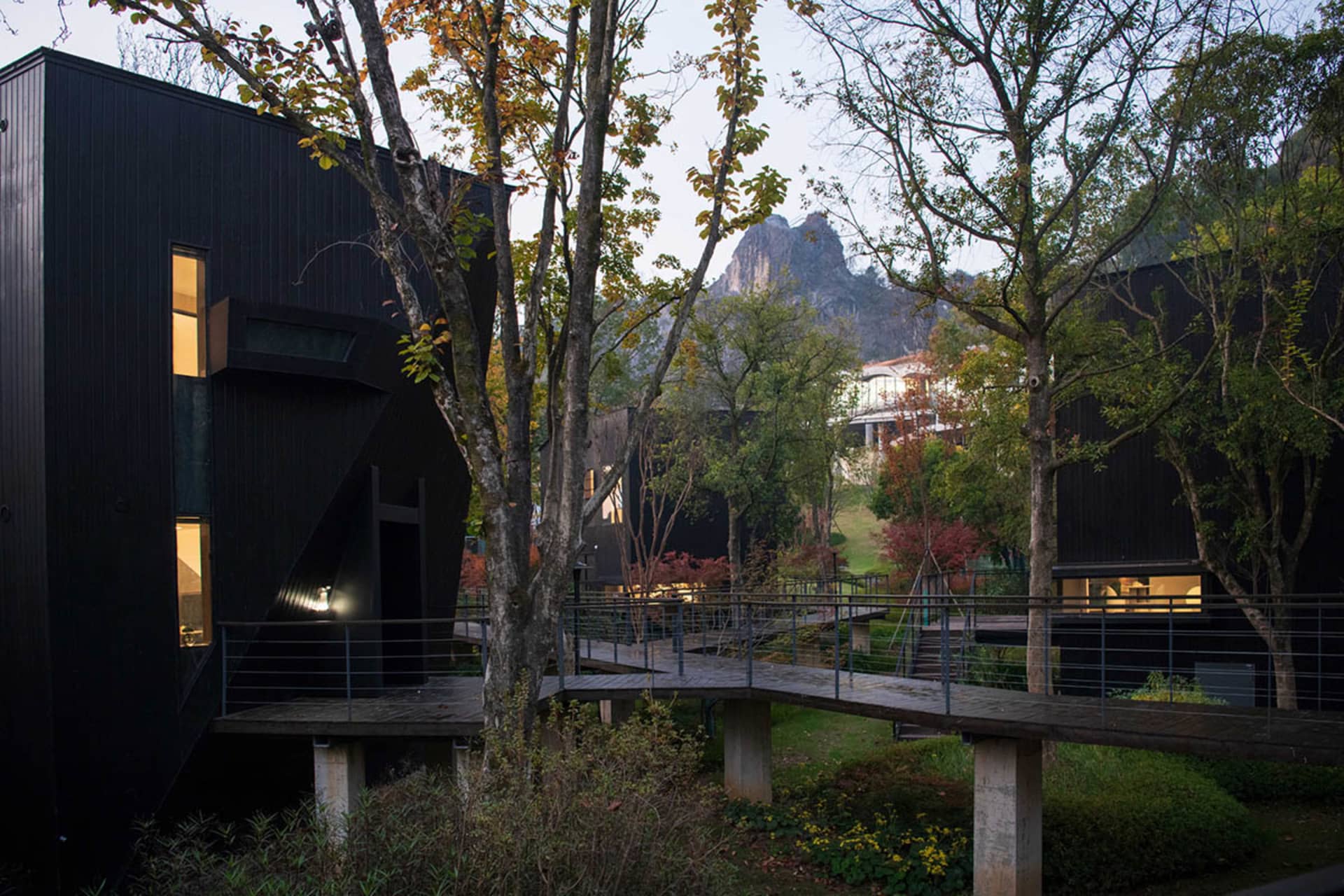 A house surrounded by trees, with a wooden deck and a bridge over a stream, creating a serene and natural atmosphere