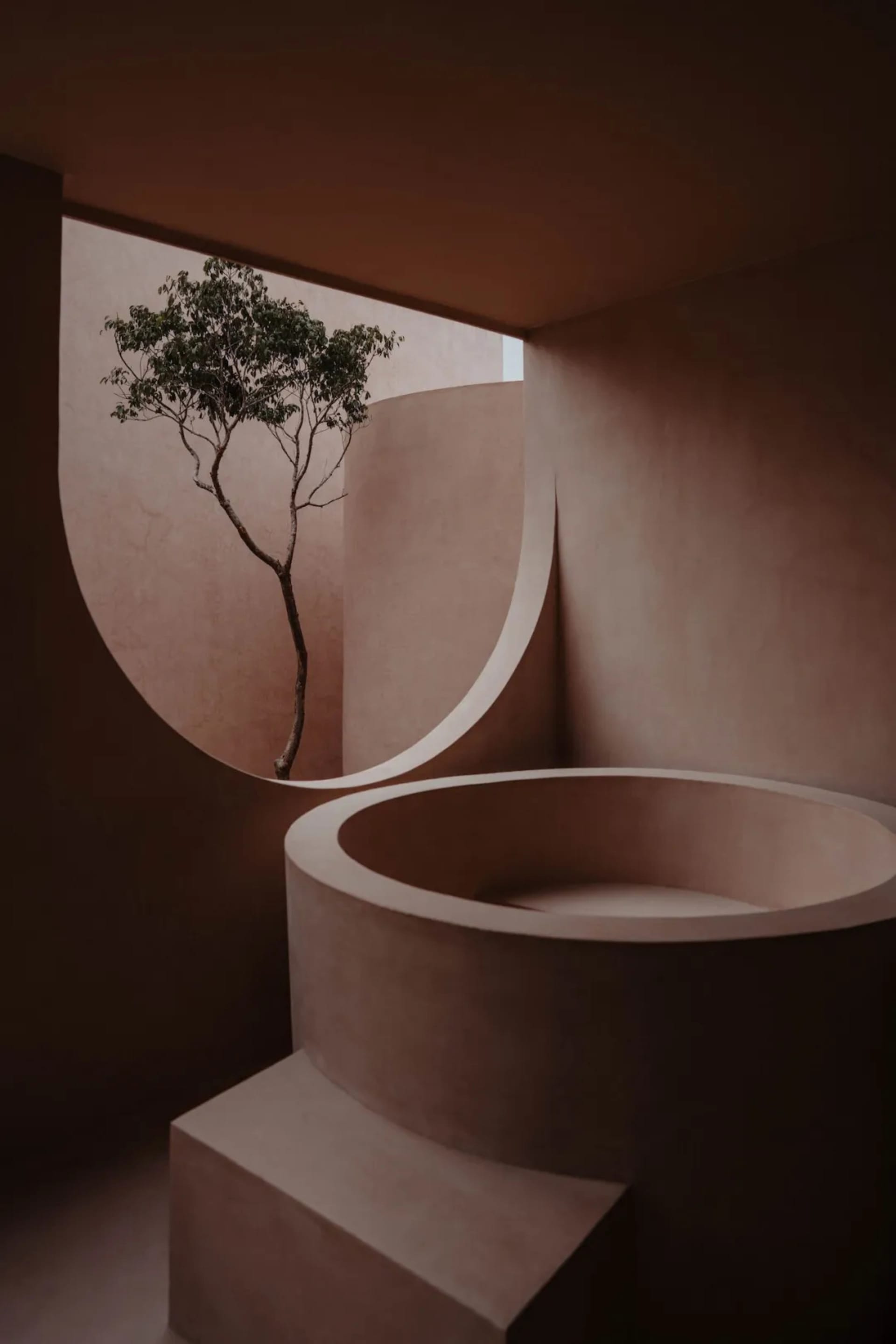 A cozy round room with a brown color scheme and a tree in the corner, creating a warm and inviting atmosphere