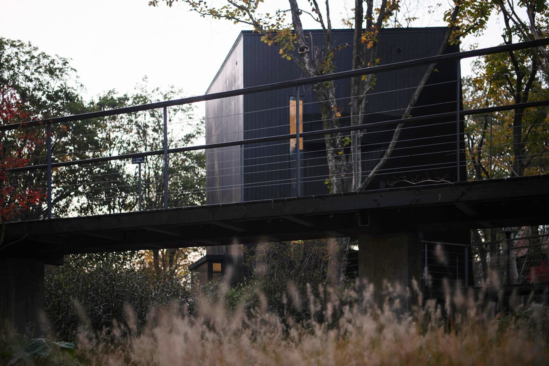 A calm and serene black and white photograph of a house with a metal deck and a black roof, taken from a low angle looking up at the structure