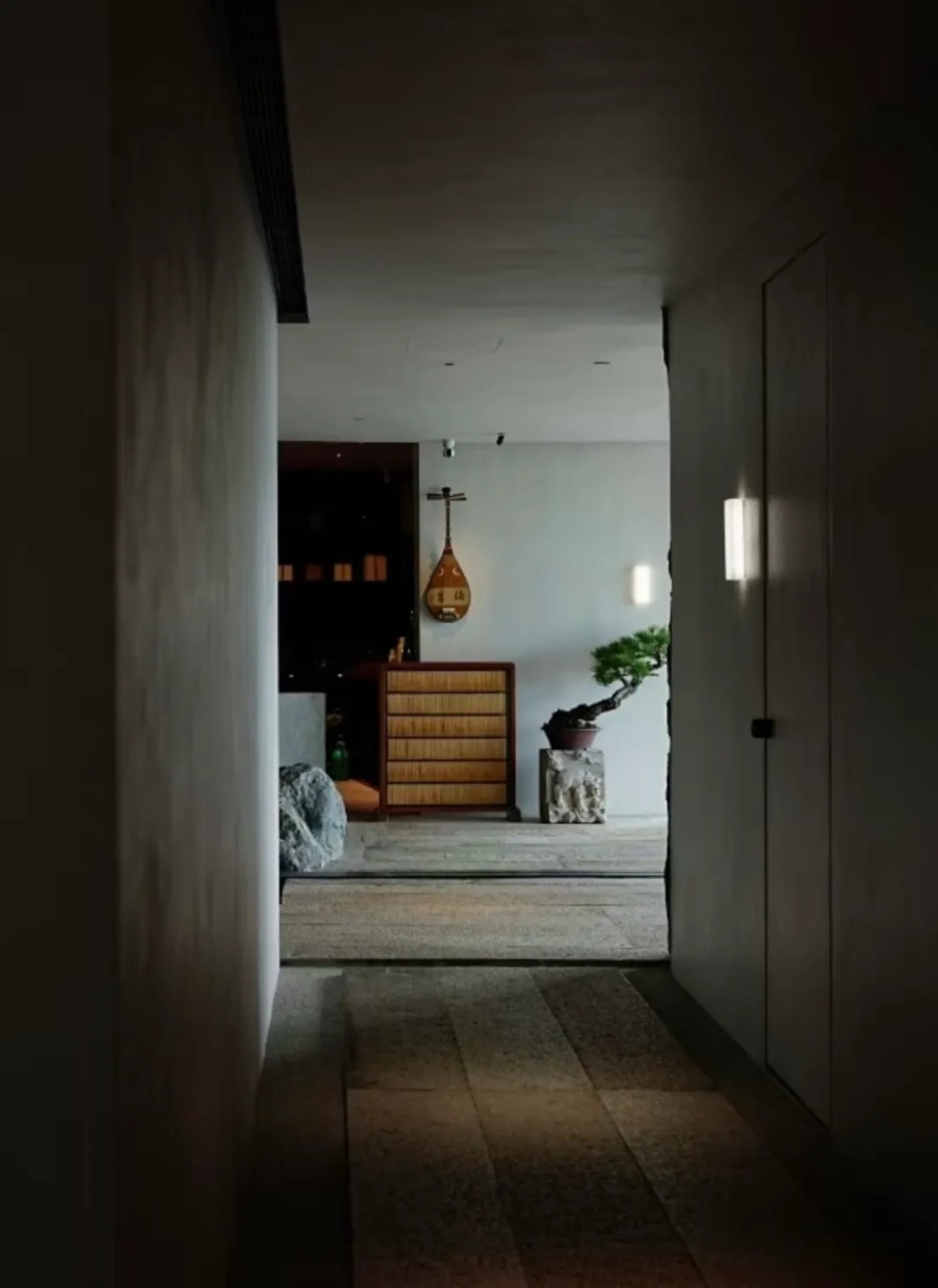 一條暗淡的走廊，白牆和石地板，走道口和靠近走廊末端的花盆植物